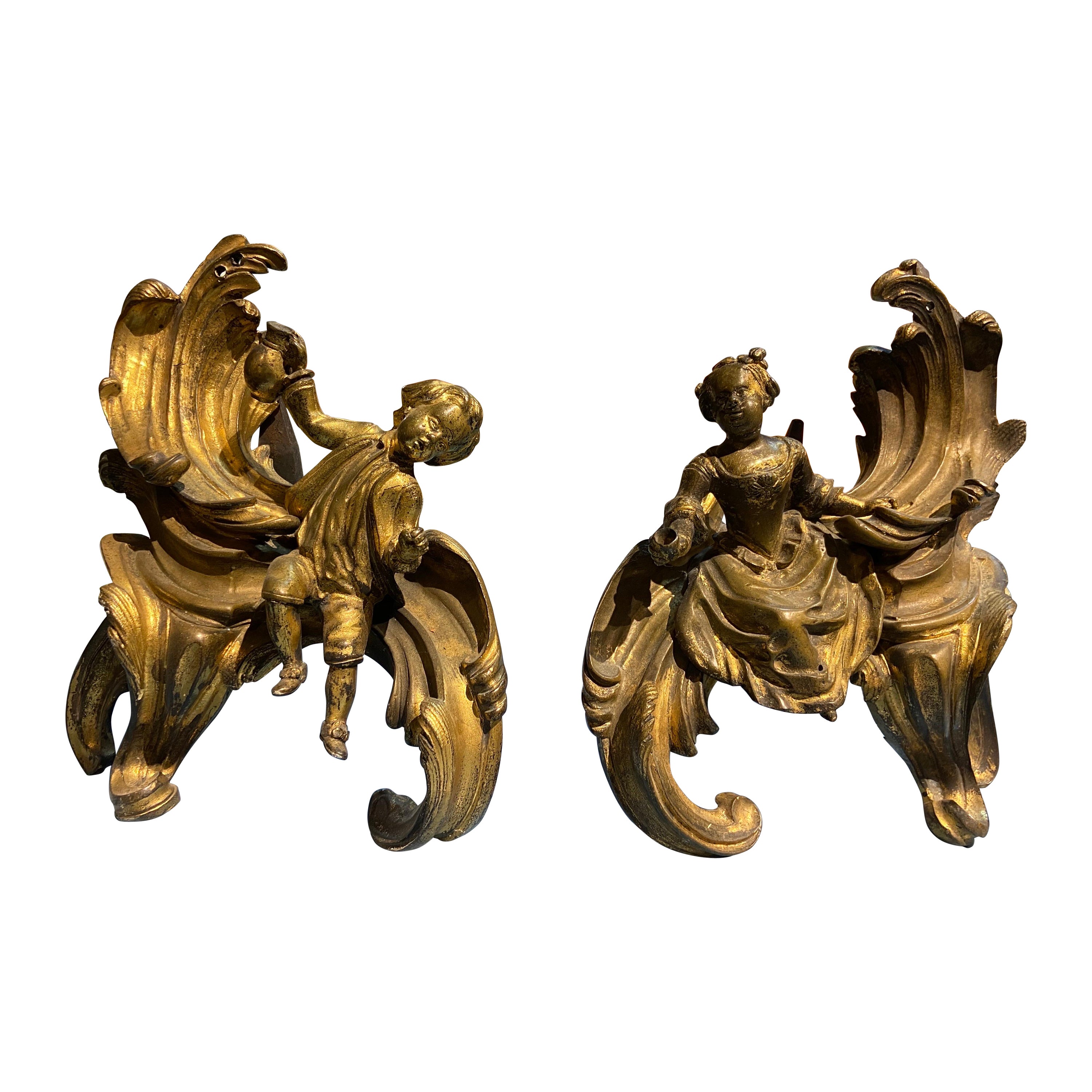 Antique French del XIX secolo, cani da camino in bronzo intagliato a mano con personaggi