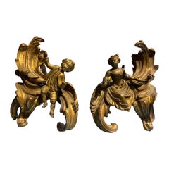 19th Century French Antique Hand Carved Bronze Fireplace Dogs with Characters