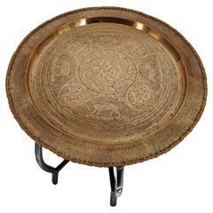 Used Indian Brass Tray Incised on Wood Folding Stand