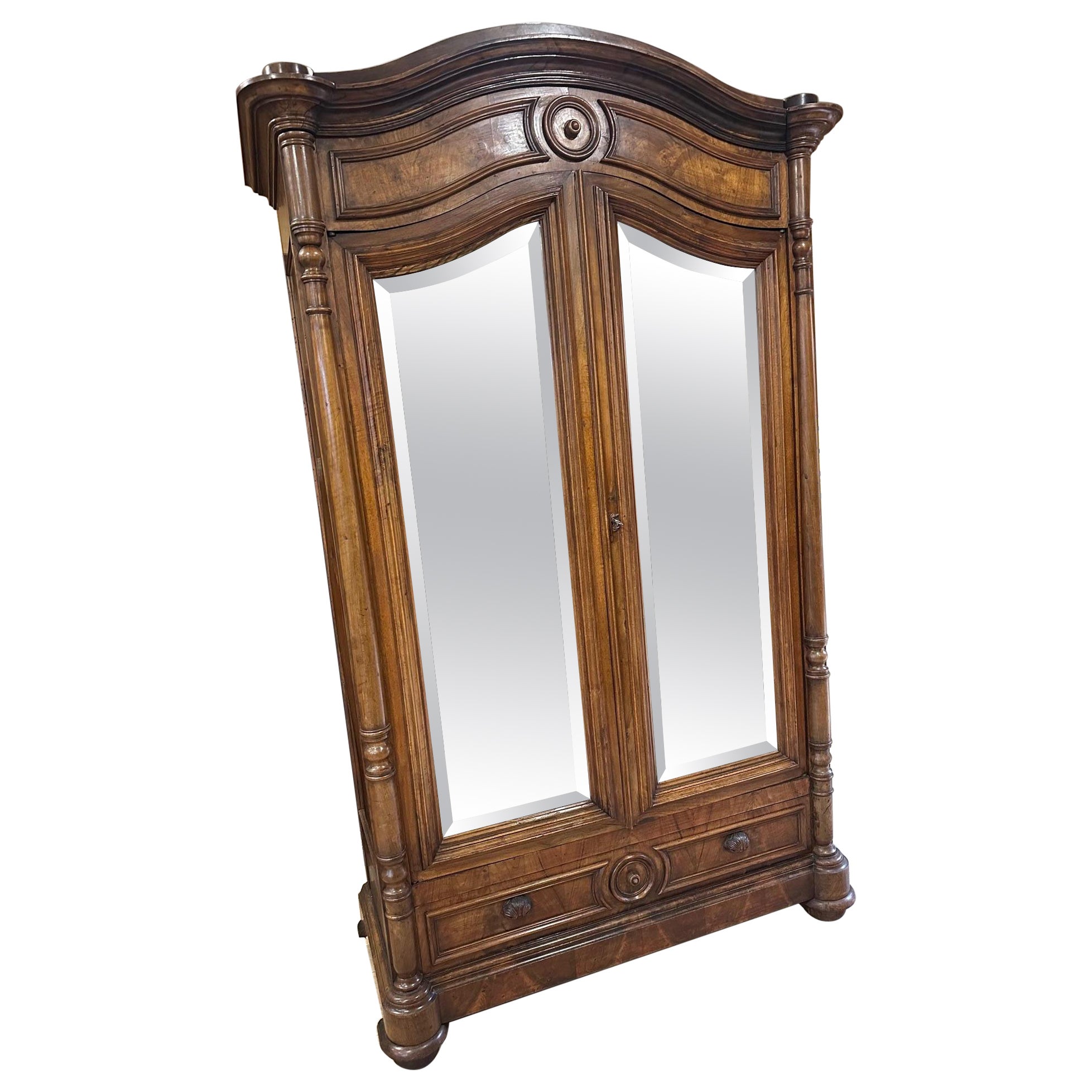 Early 20th century French Walnut Cupboard with Mirror, 1900s For Sale