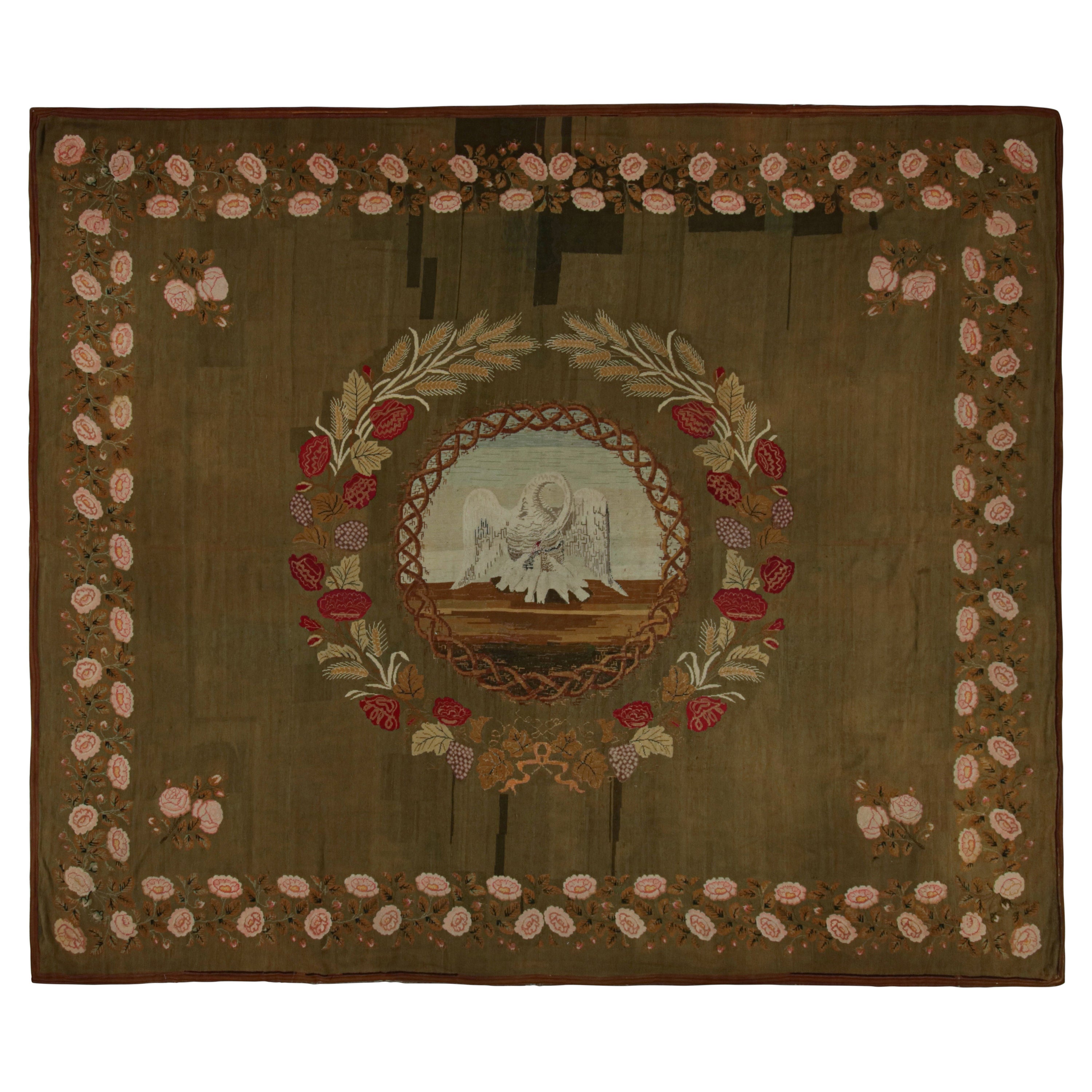 Antiker Aubusson Flachgewebe-Teppich in Grün mit Blumenmuster im Angebot
