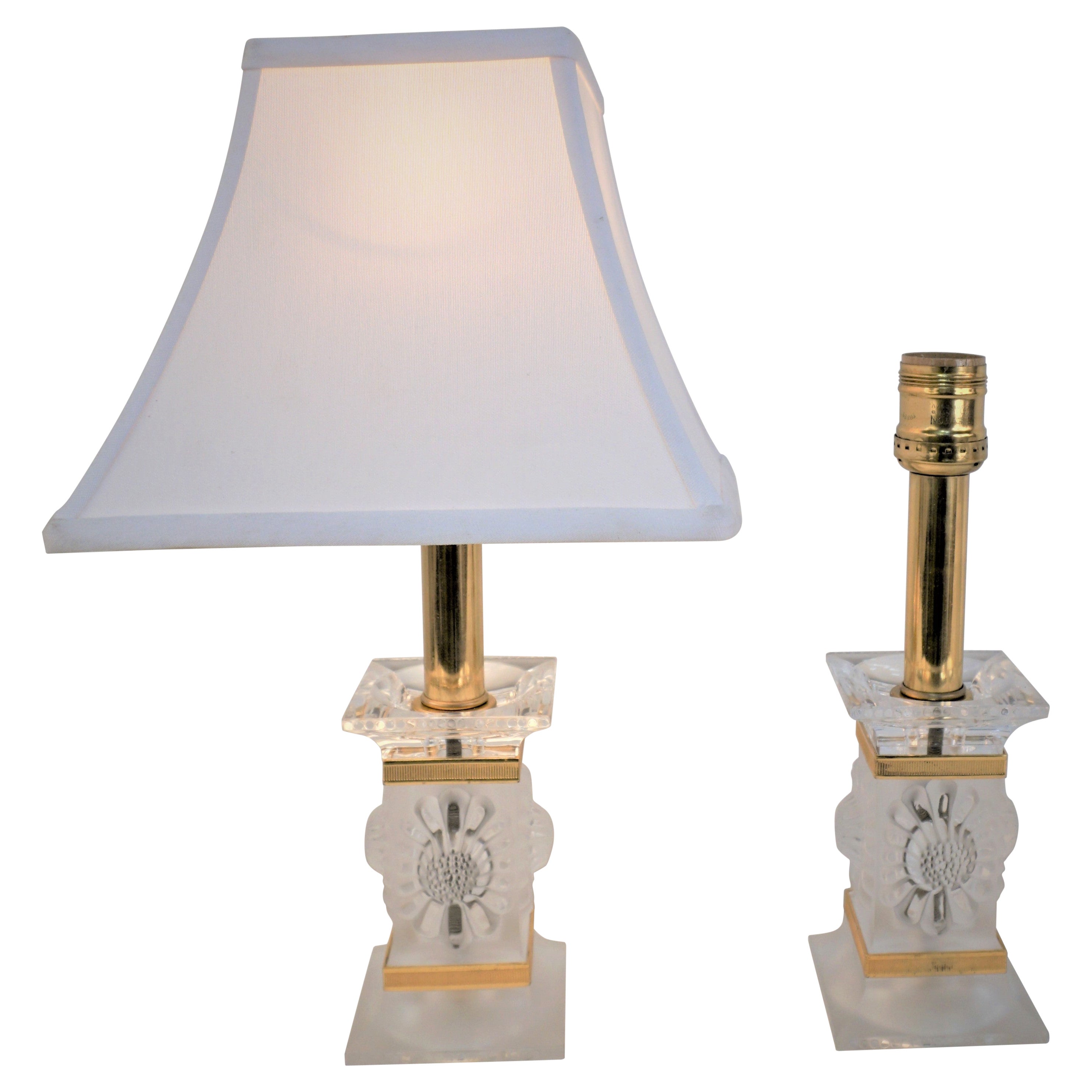 Pair of Lalique Crystal Candlesticks Table Lamps