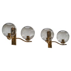 Vintage Westal Bankeryd, Wall Lights, Brass, Glass, Sweden, 1970s