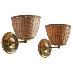 Ivars, Wall Lights, Brass, Rattan, Sweden, 1960s