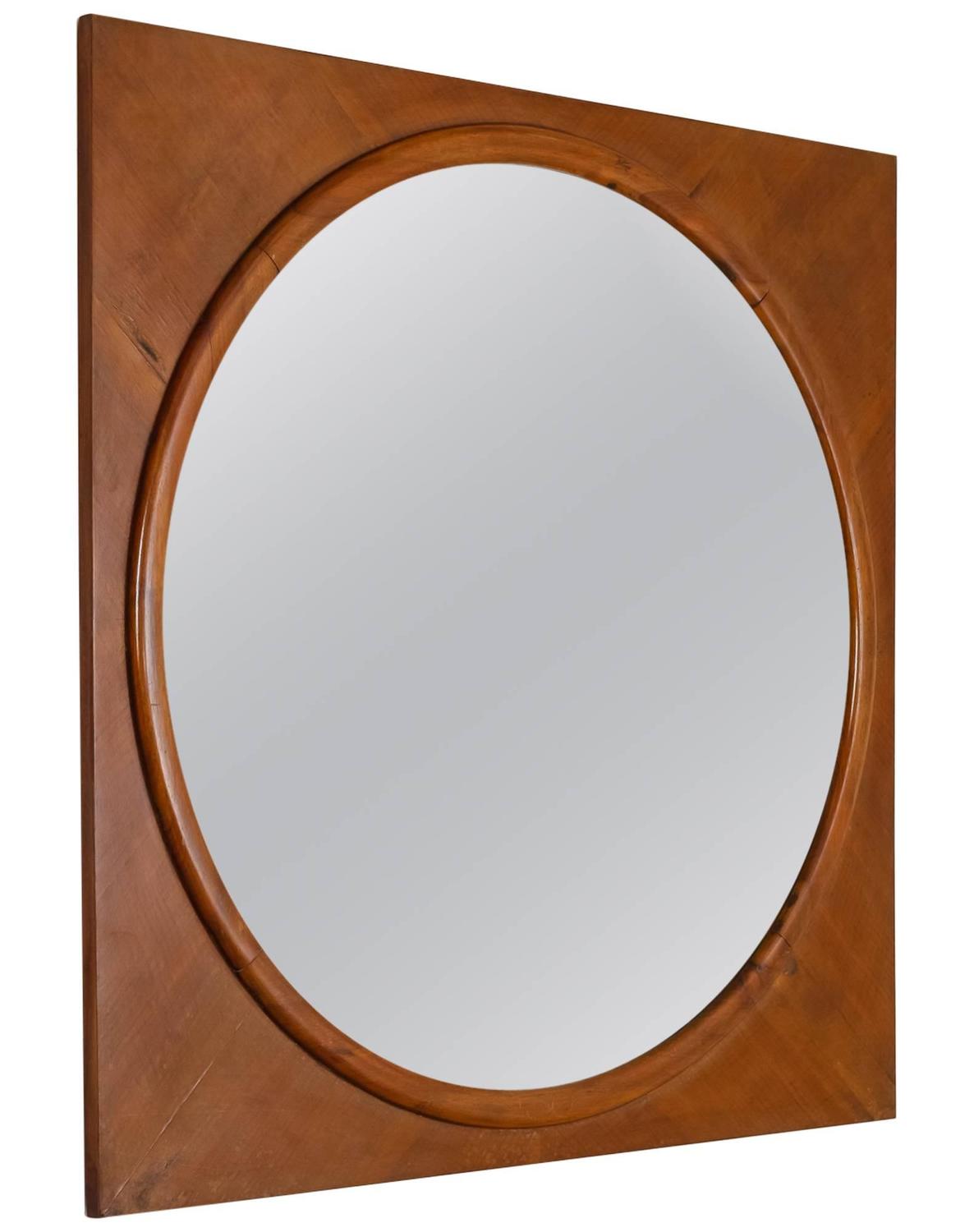 Large Round Wall Mirror in Square Walnut Frame, Italy, 1940s For Sale