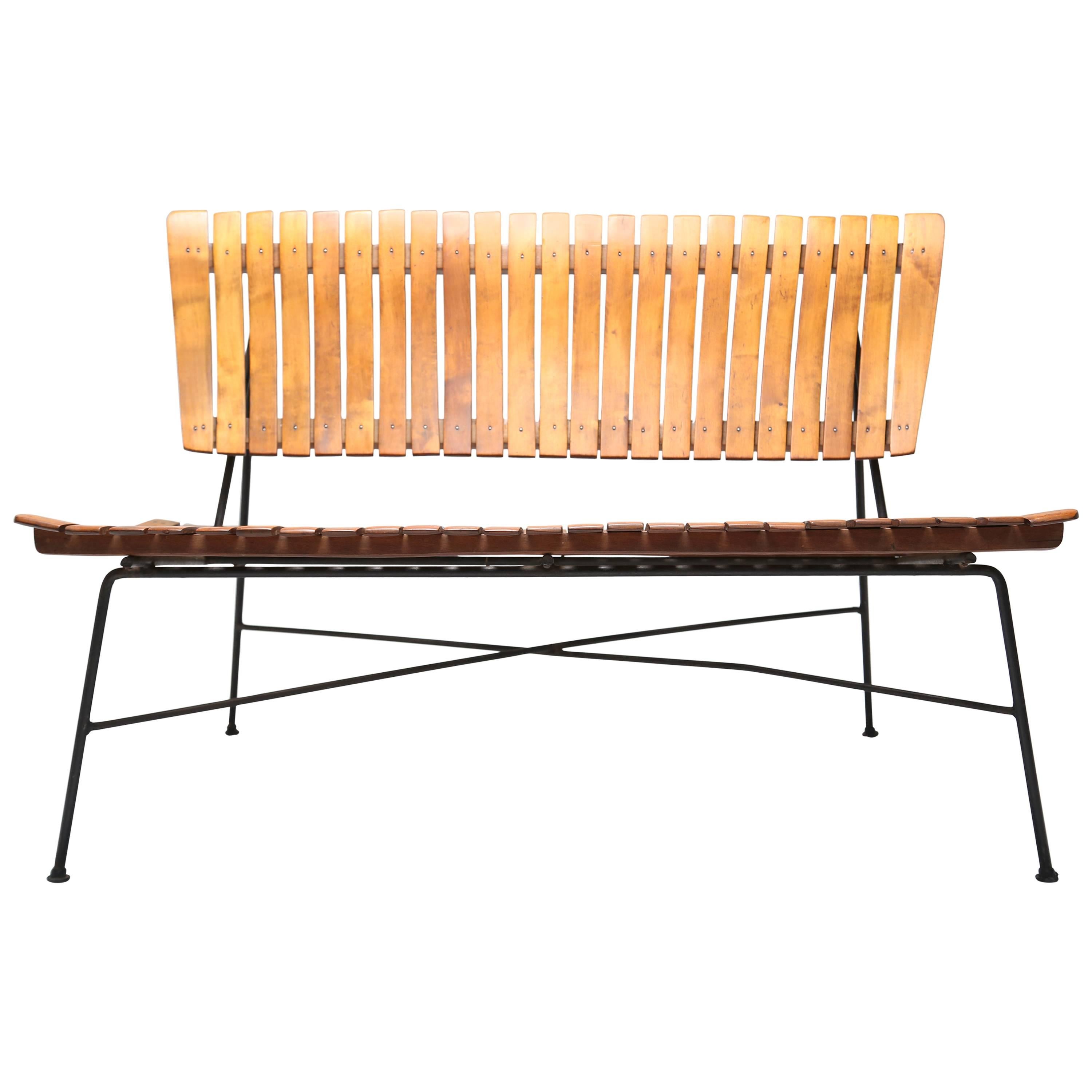 Arthur Umanoff 1950s iron frame rustic style mid-century slatted bench. For Sale
