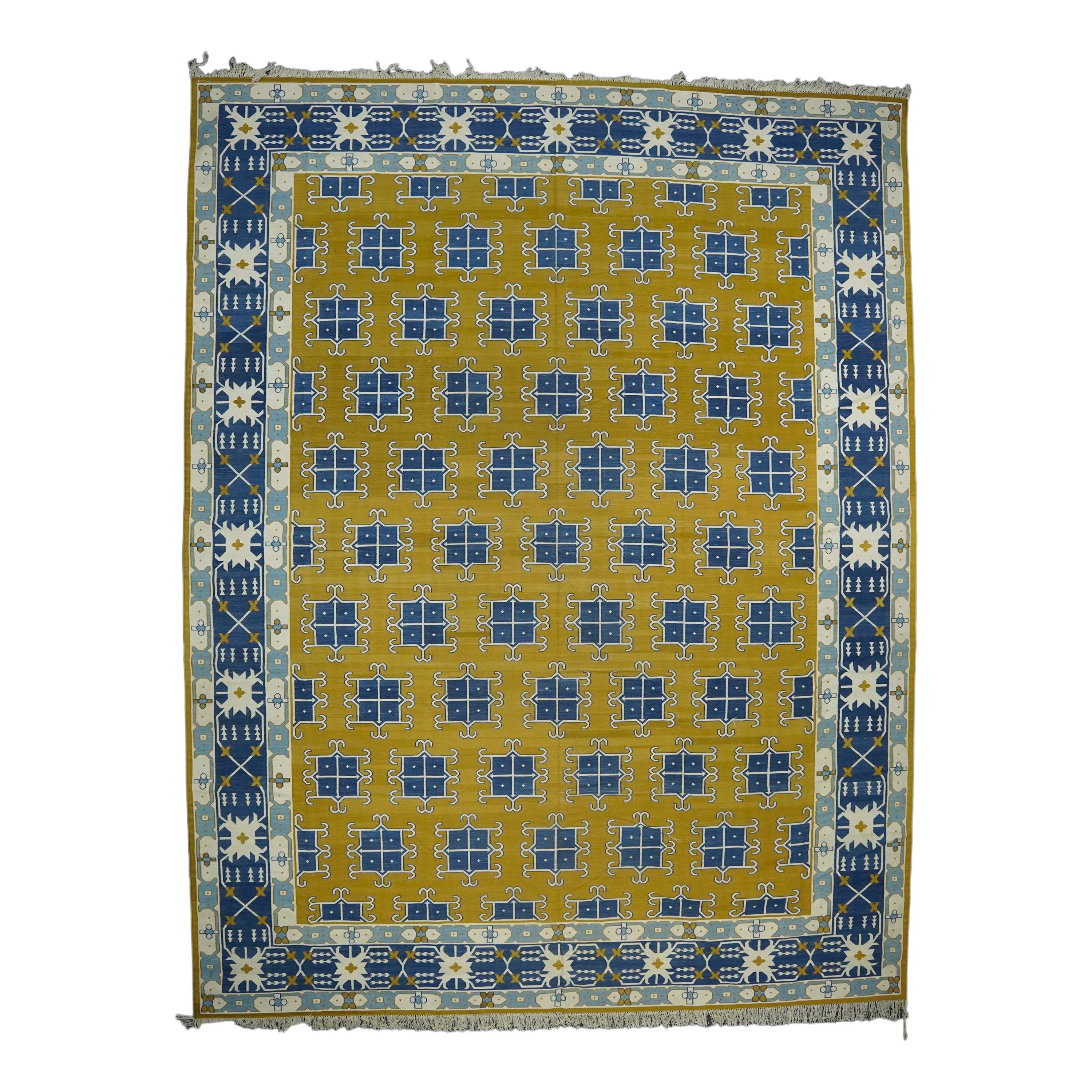 Vintage Dhurrie Rug in Gold and Blue Geometric Pattern, from Rug & Kilim