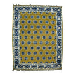 Tapis Dhurrie vintage à motif géométrique doré et bleu, de Rug & Kilim   