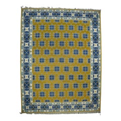 Tapis Dhurrie vintage à motif géométrique doré et bleu, de Rug & Kilim