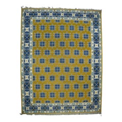 Vintage Dhurrie Rug in Gold and Blue Geometric Pattern, from Rug & Kilim   