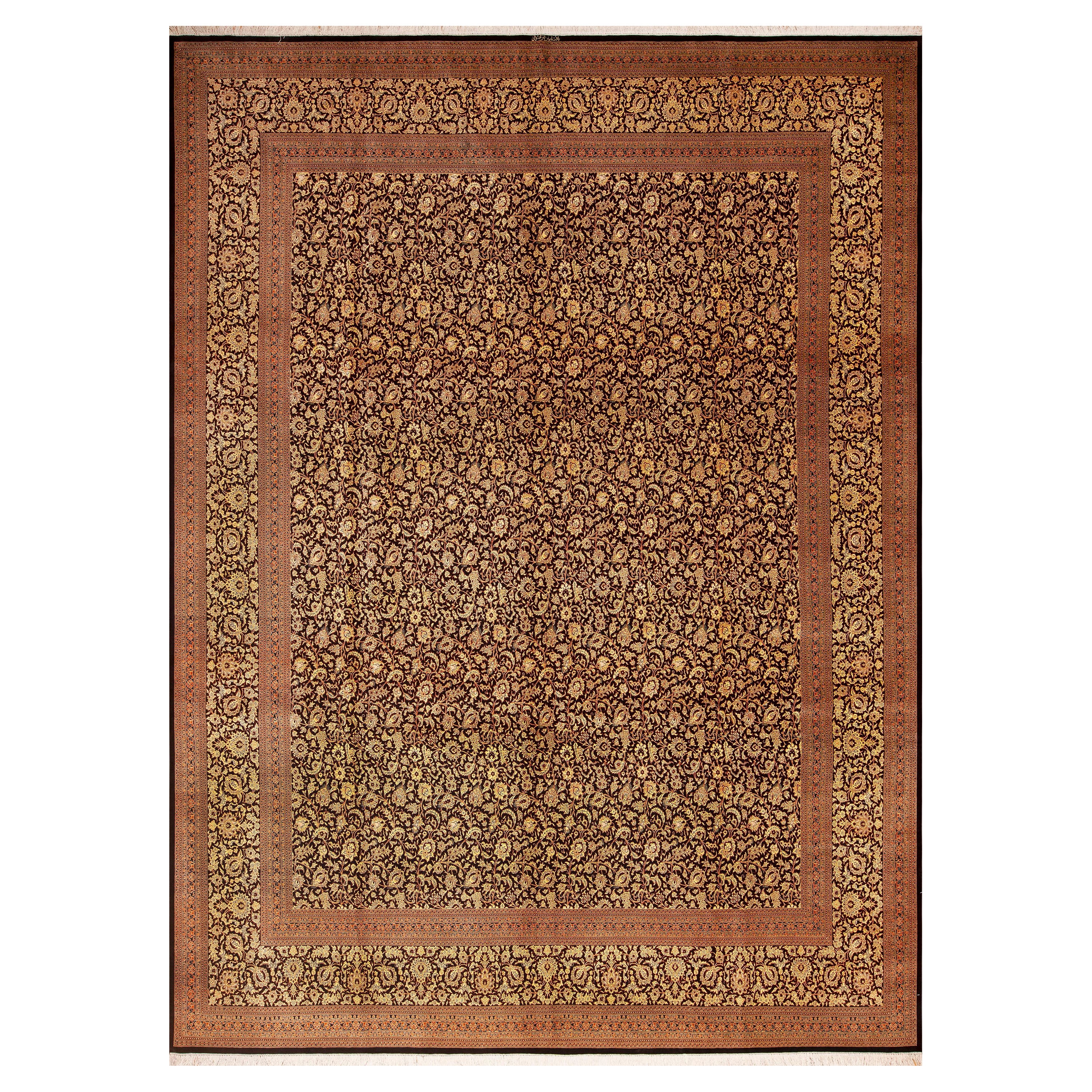 Beautiful Allover Floral Luxurious Vintage Persian Silk Qum Rug 9'9" x 12'10" For Sale
