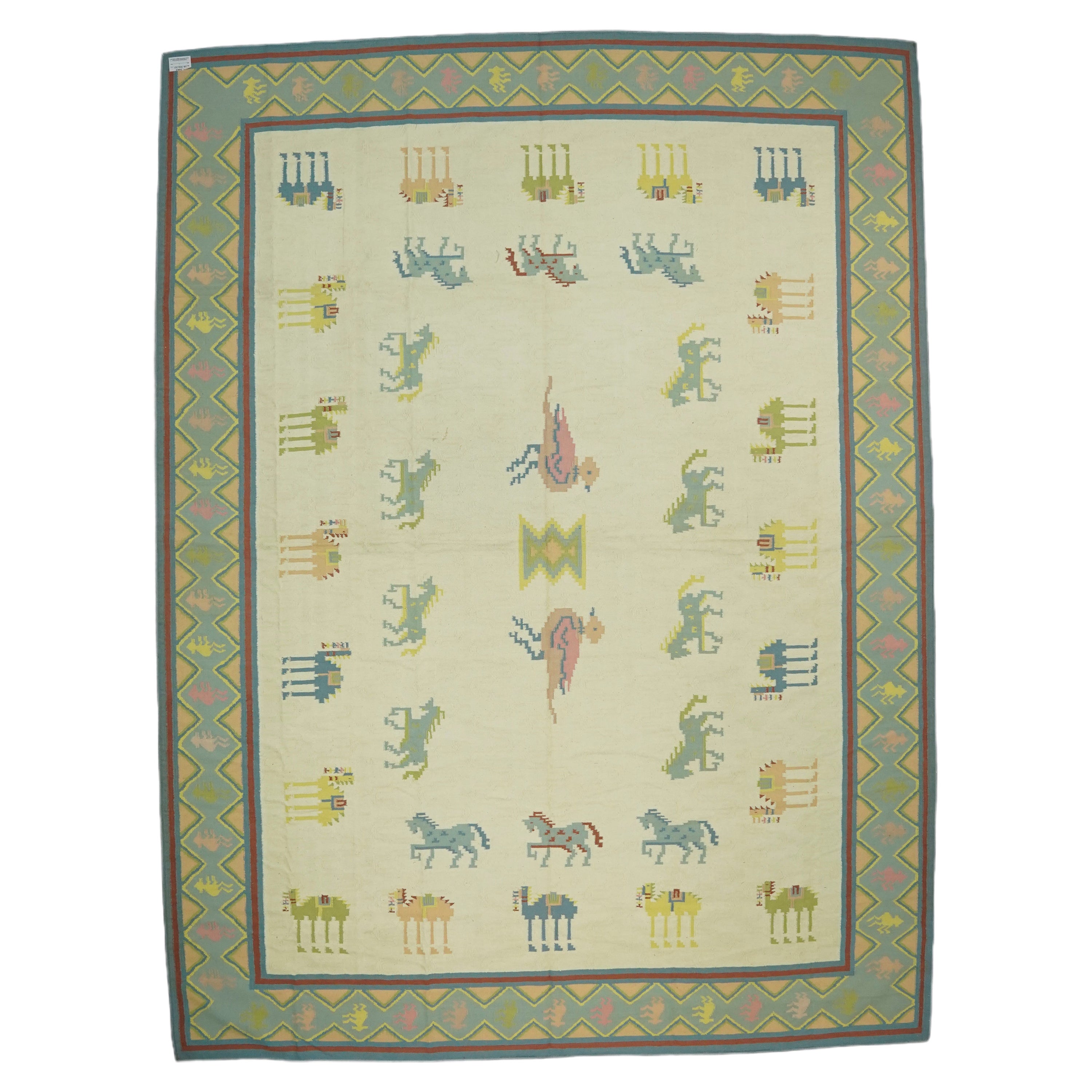 Vintage Dhurrie Rug in Cream and Blue with Animal Pictorials, from Rug & Kilim  For Sale