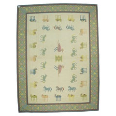 Tapis Dhurrie vintage crème et bleu avec photos d'animaux, de Rug & Kilim