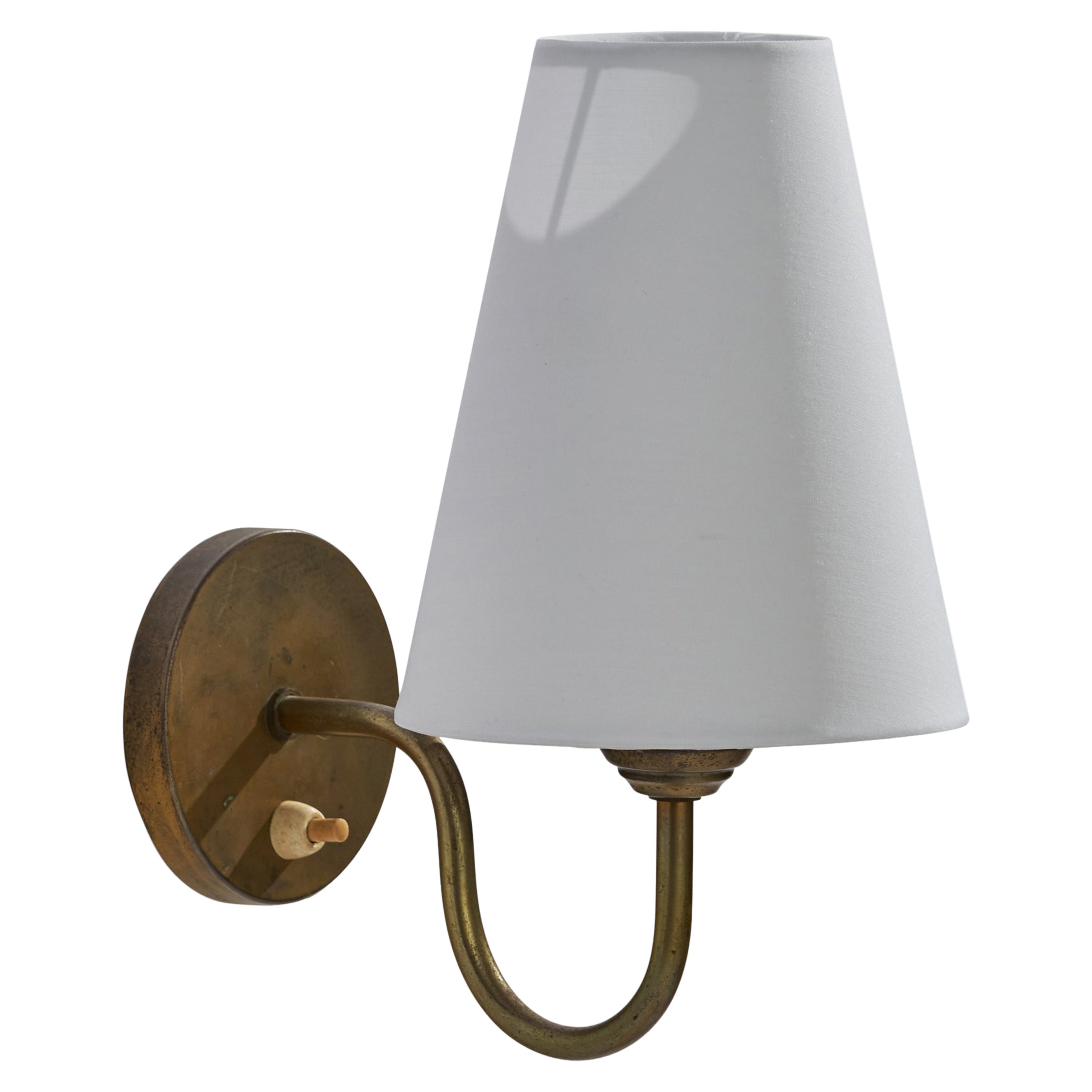 Swedish Designer, Wall Light, Brass, Fabric, Sweden, 1940s For Sale