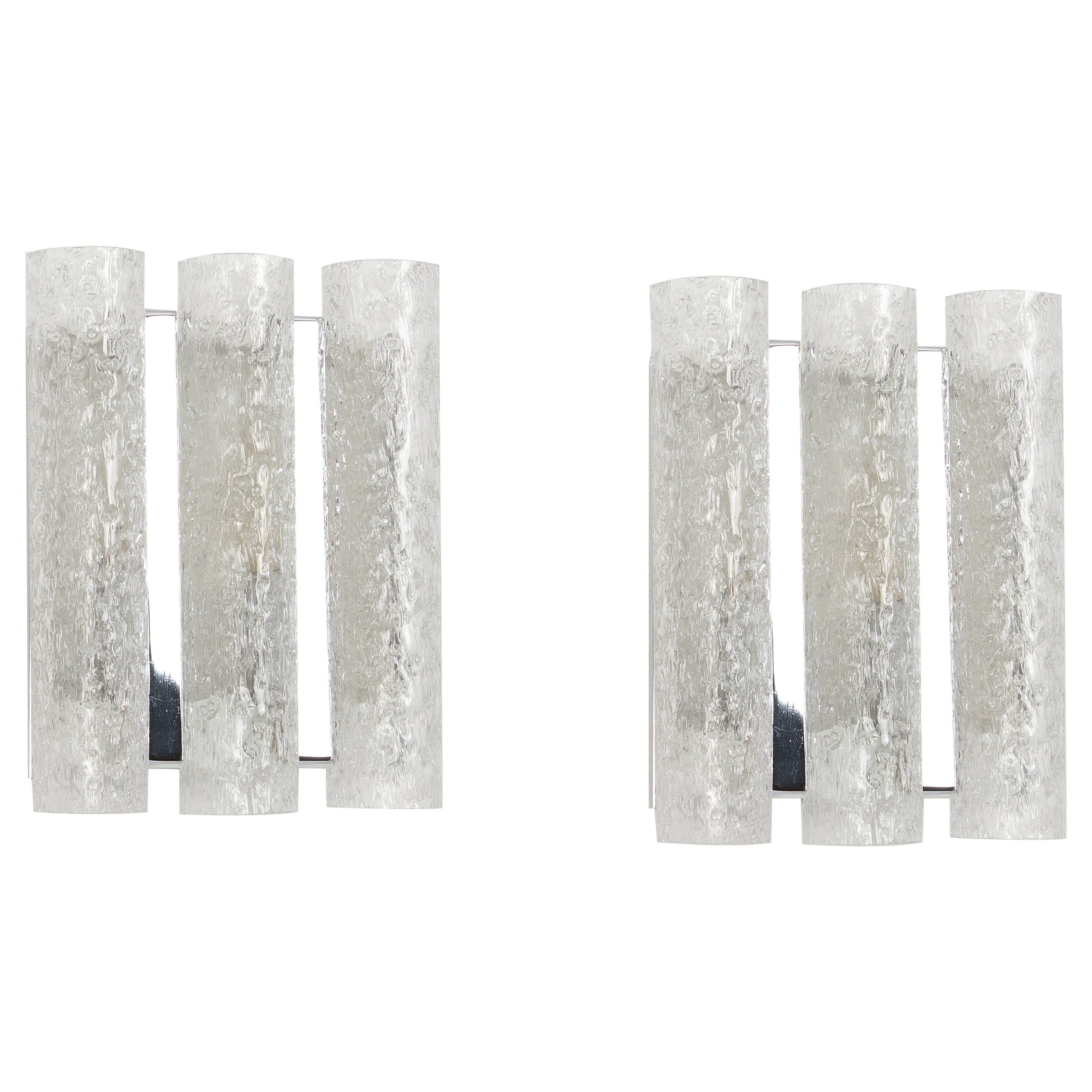 Pair of Chrome and Ice Glass Wall Sconces by Doria, Germany, 1960s For Sale