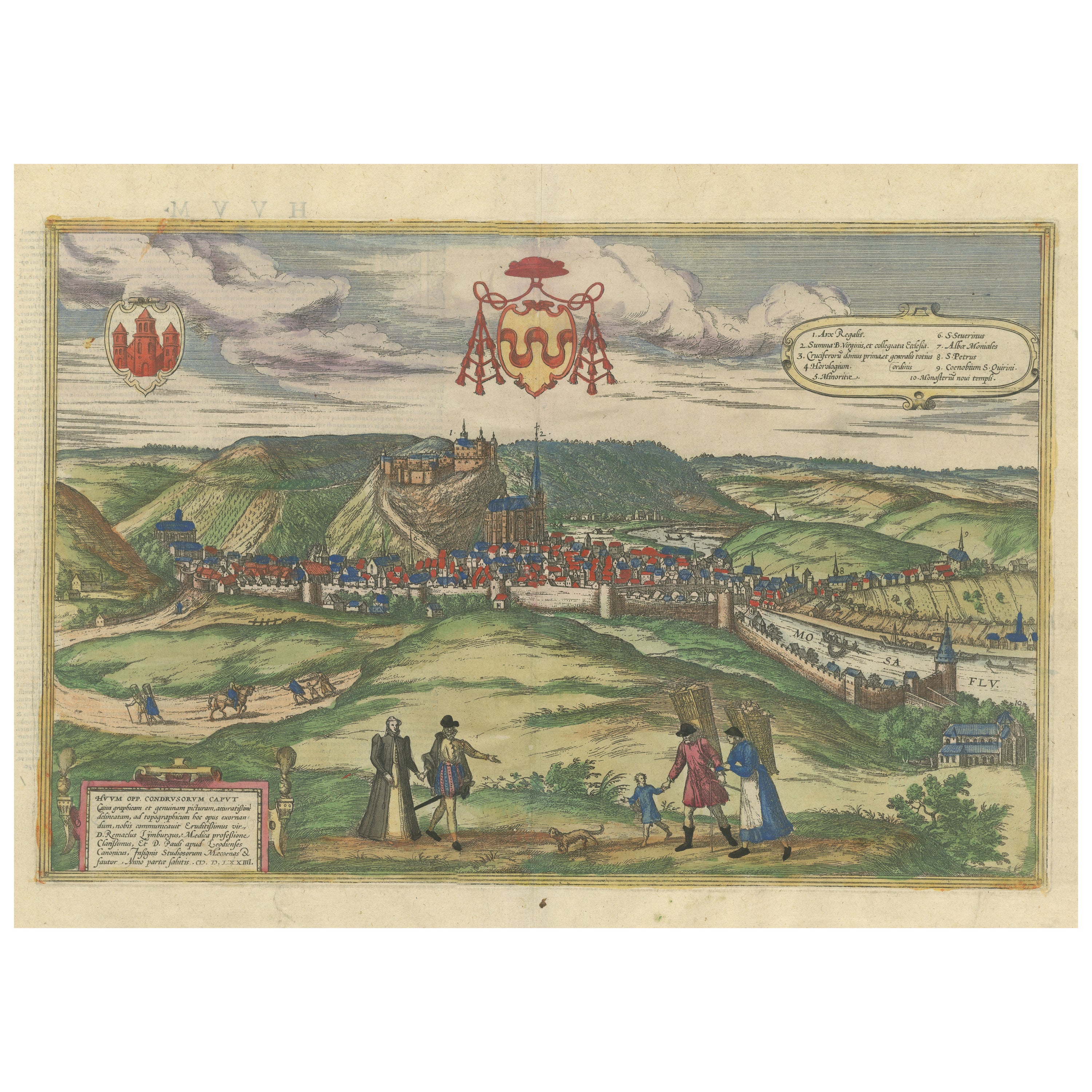Original Antique Print of Huy in present day Belgium, Published circa 1580 For Sale