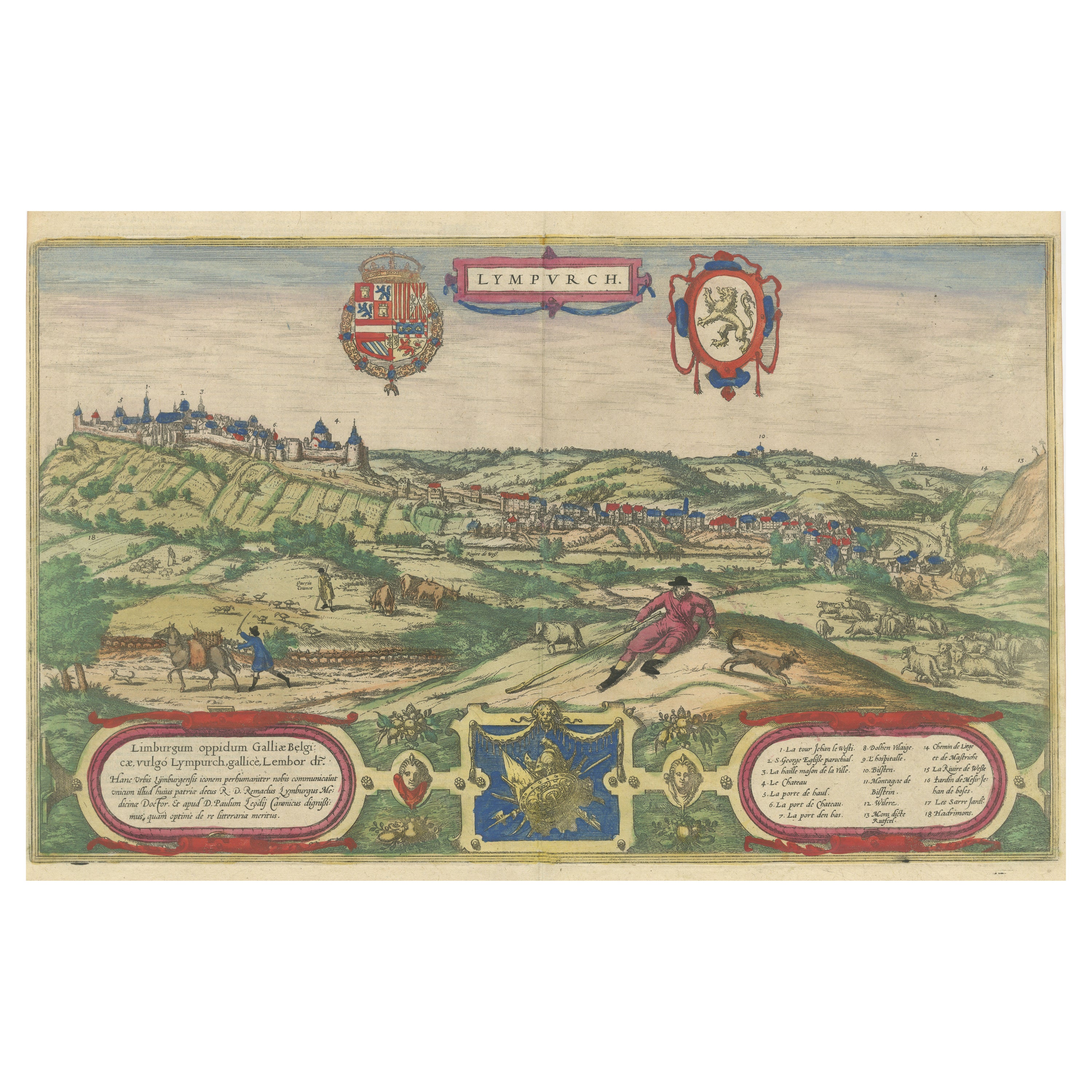 Original Antique Print of Limbourg in present day Belgium, Published circa 1580 For Sale
