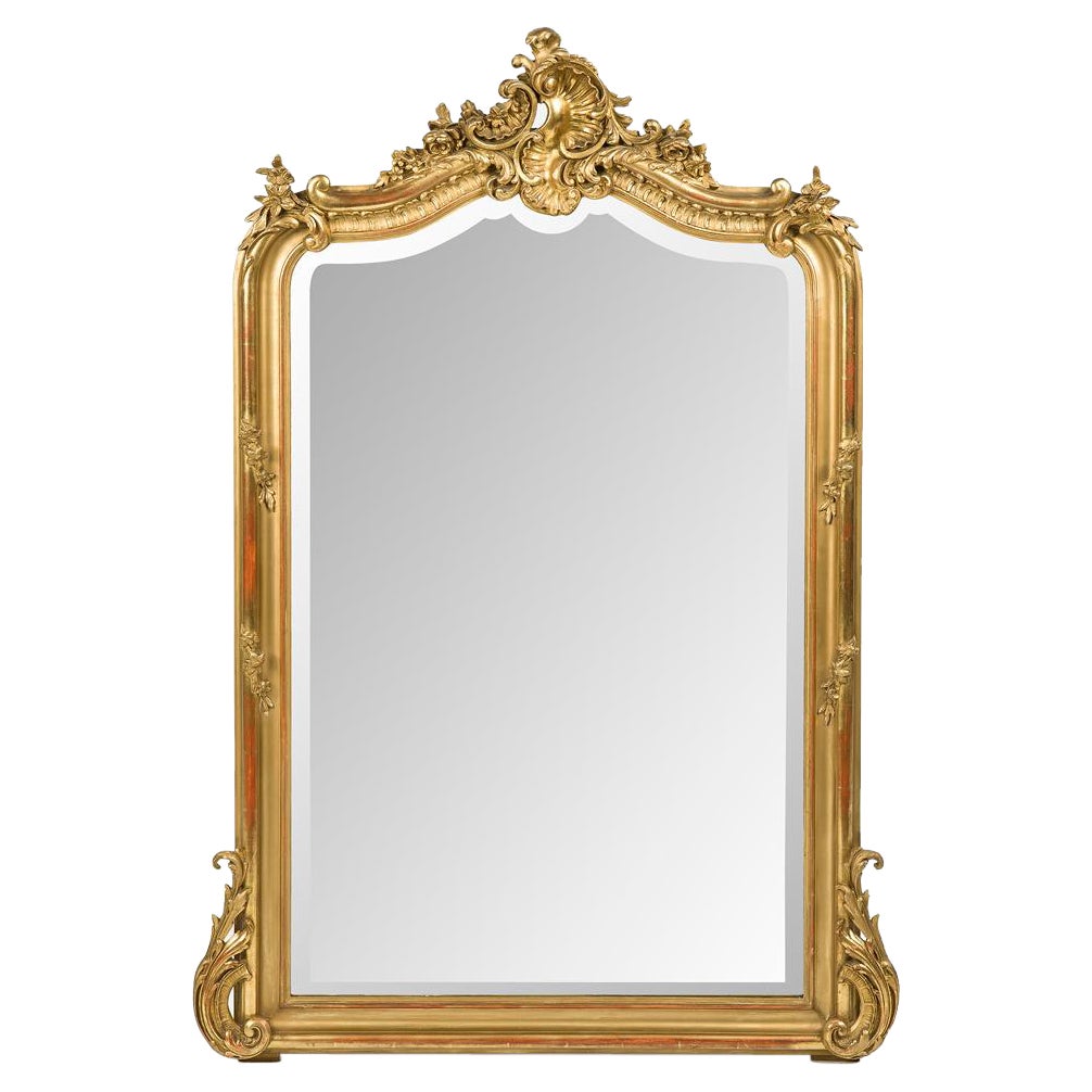 Miroir Louis Quinze français du 19ème siècle doré à l'or avec verre facetté
