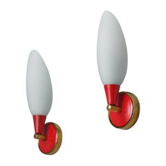 Retro Italian 1950s Wall Sconces - Pair of Modern Style Wall lamps in Red and Brass