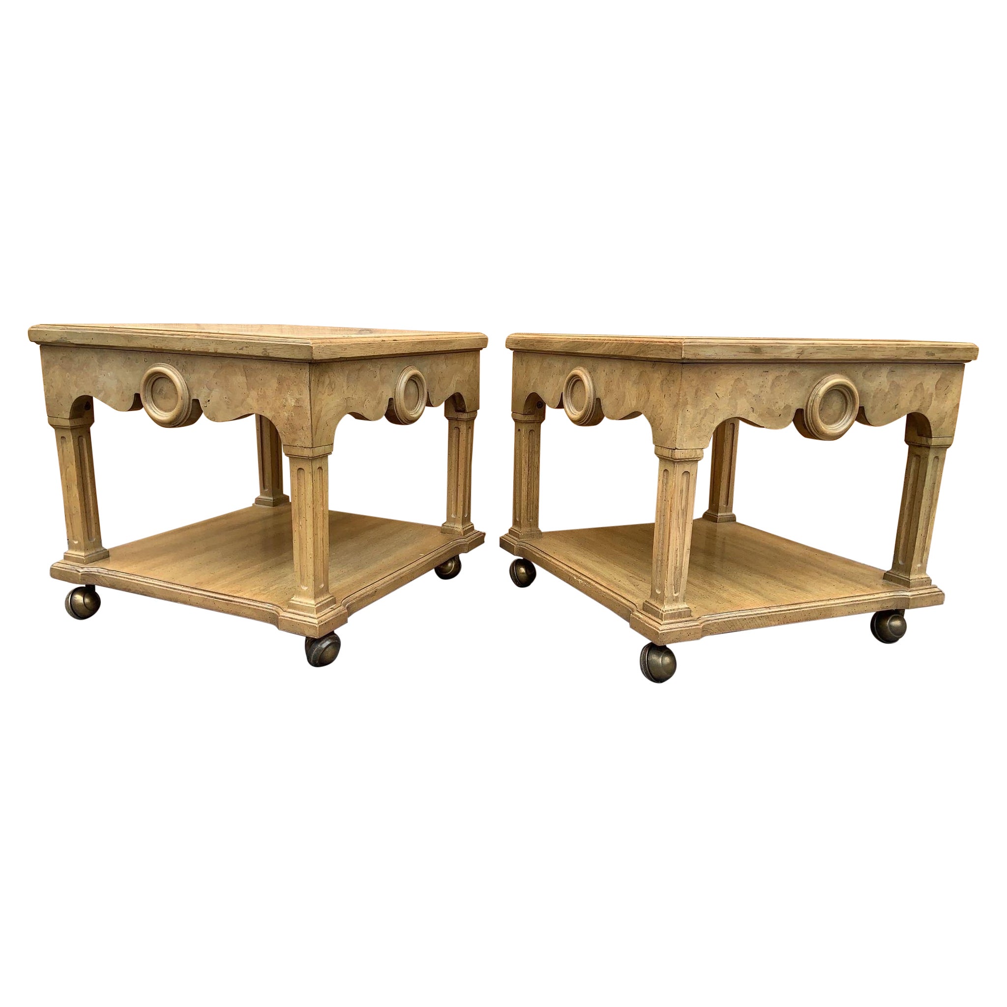 Vintage Italian Neoclassical Style Pickled Wood End Tables w/ Travertine Tops For Sale