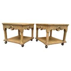 Vintage Italian Neoclassical Style Pickled Wood End Tables w/ Travertine Tops