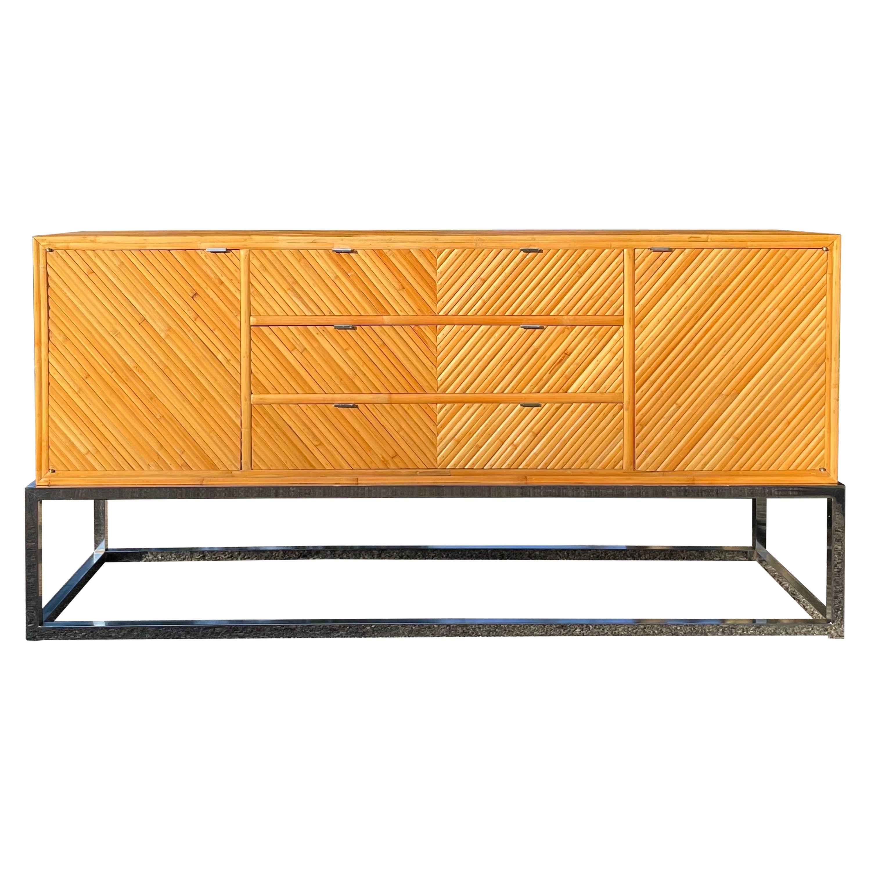 Milo Baughman Style Split Pencil Reed Bamboo and Chrome Credenza For Sale