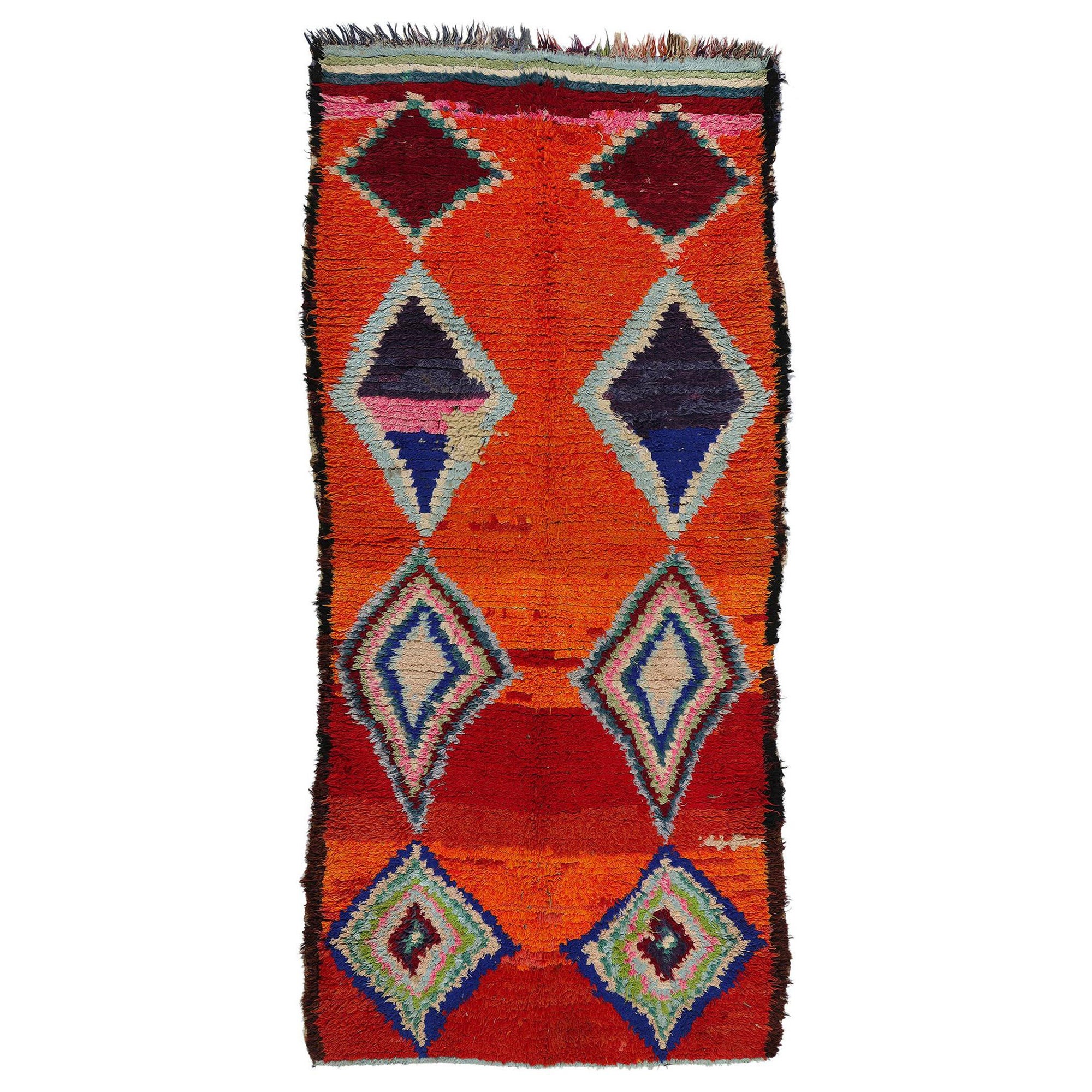 Vintage Orange Boujad Moroccan Rug, Bold Boho Chic Meets Nomadic Charm For Sale
