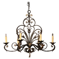 Early 20th Century French Louis XV Verdigris and Gilt Six-Light Iron Chandelier