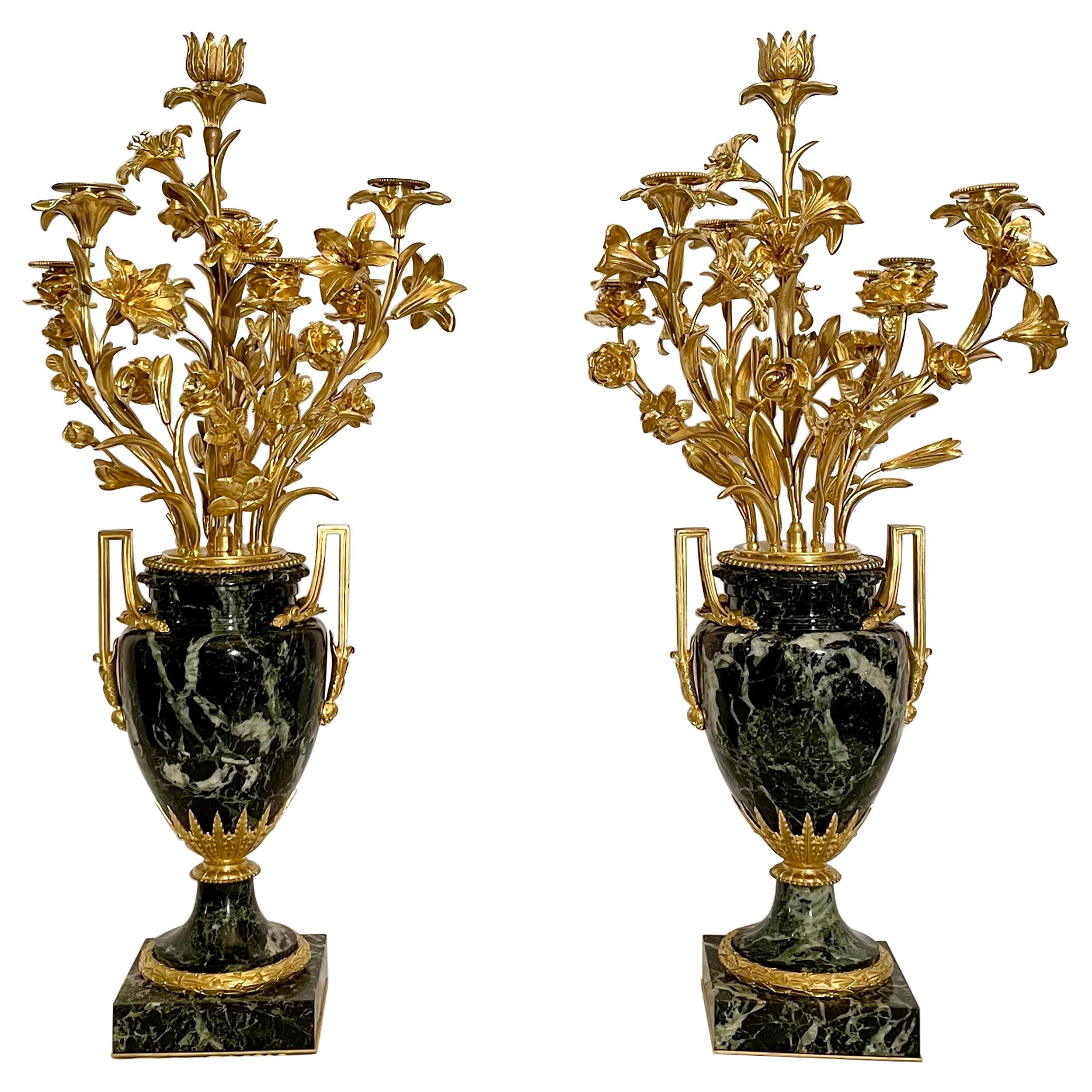 Pair Antique French Napoleon III Bronze D' Ore & Green Marble Cassoulets Ca 1880 For Sale