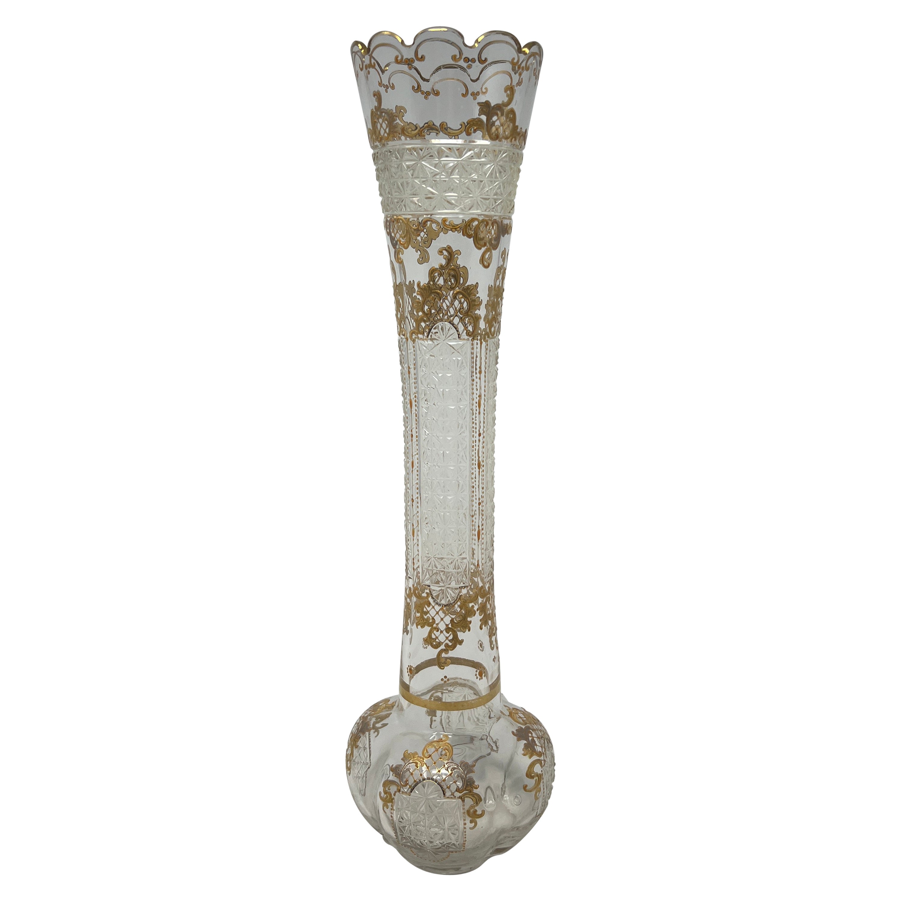 Antique German Moser Cut Glass Bud Vase with Gold Leaf Details, Circa 1880's.