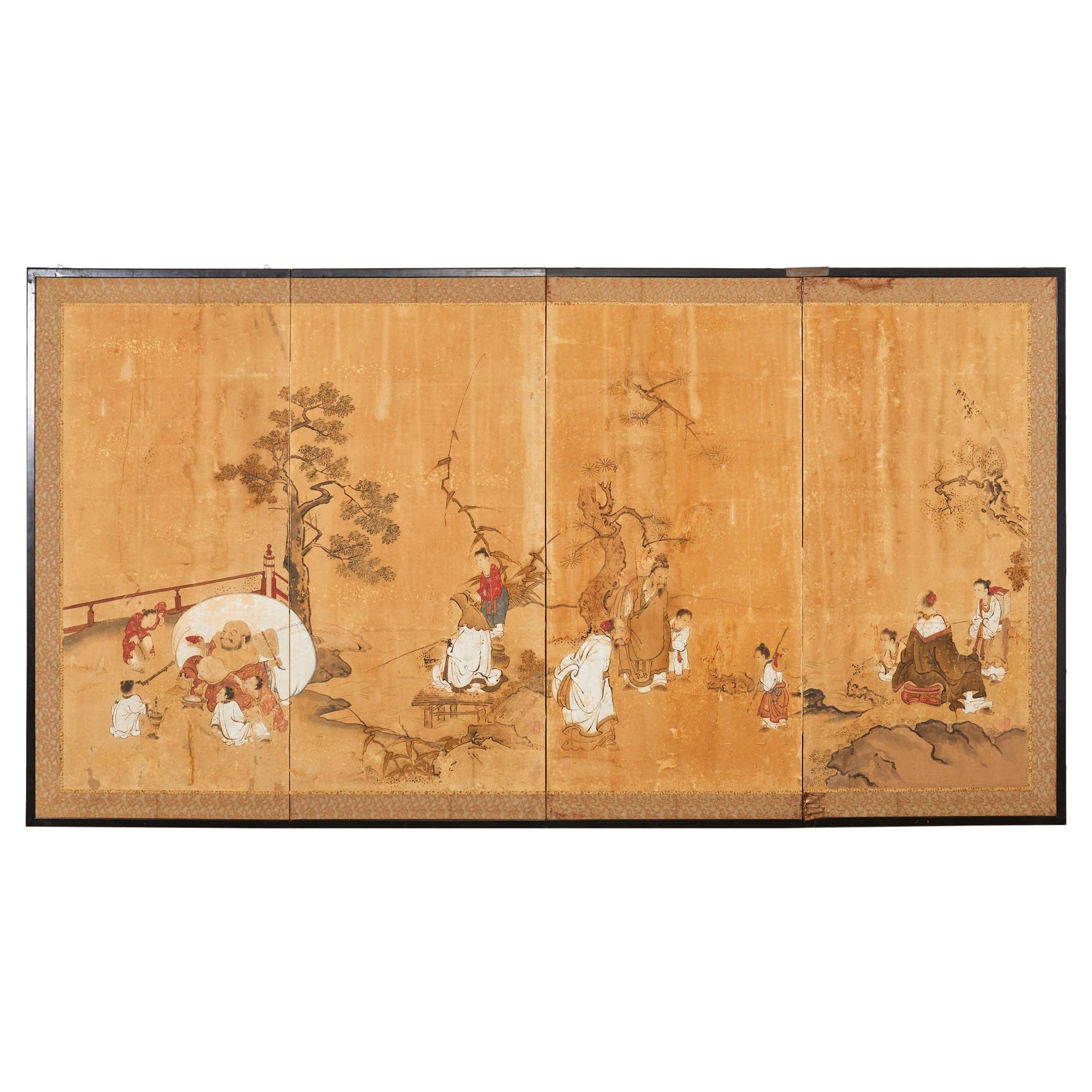 17th Century Japanese Edo Four Panel Screen Hotei with Chinese Sages For Sale