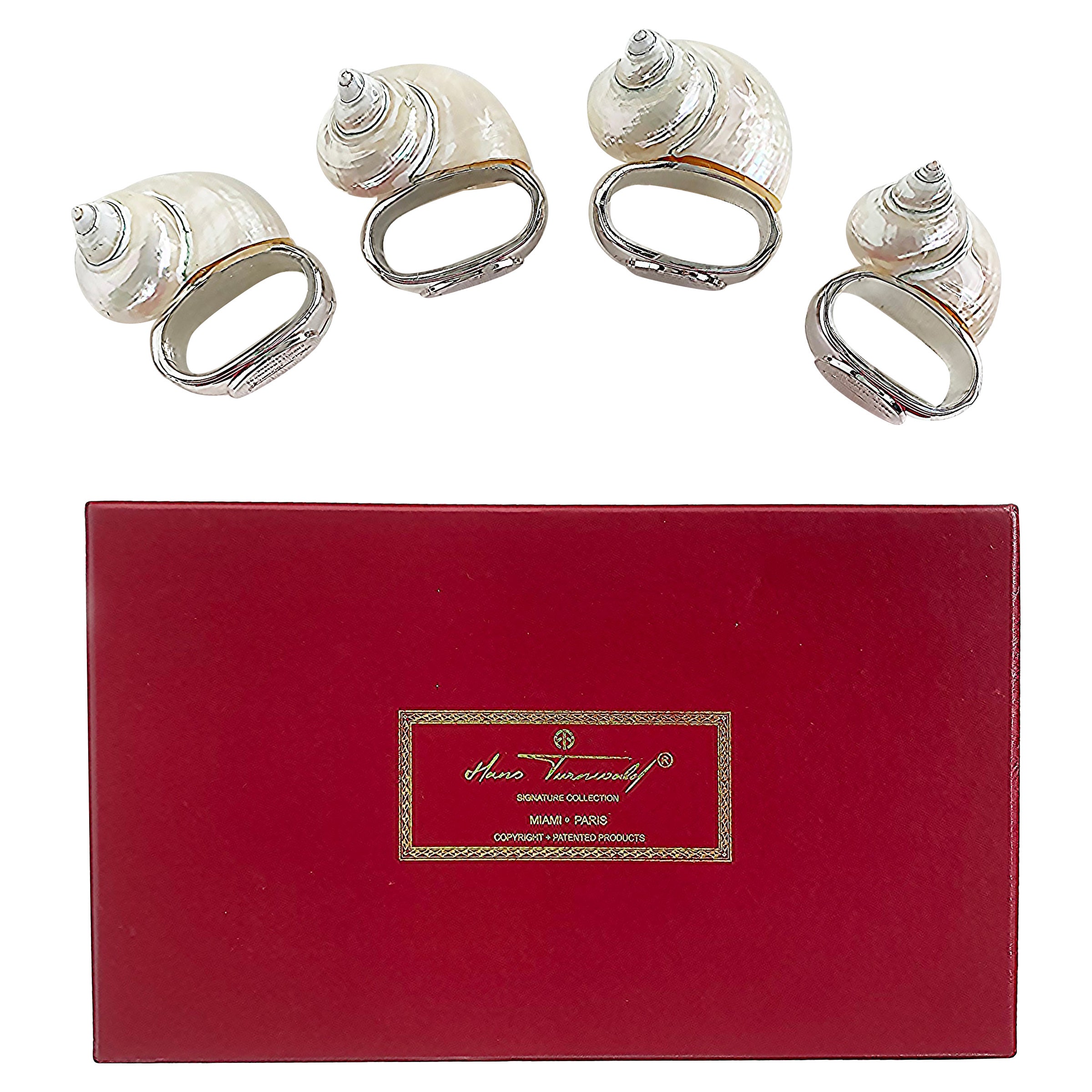 4 Hans Turnwald Sea Shell Silverplate Napkin Rings with Original Box