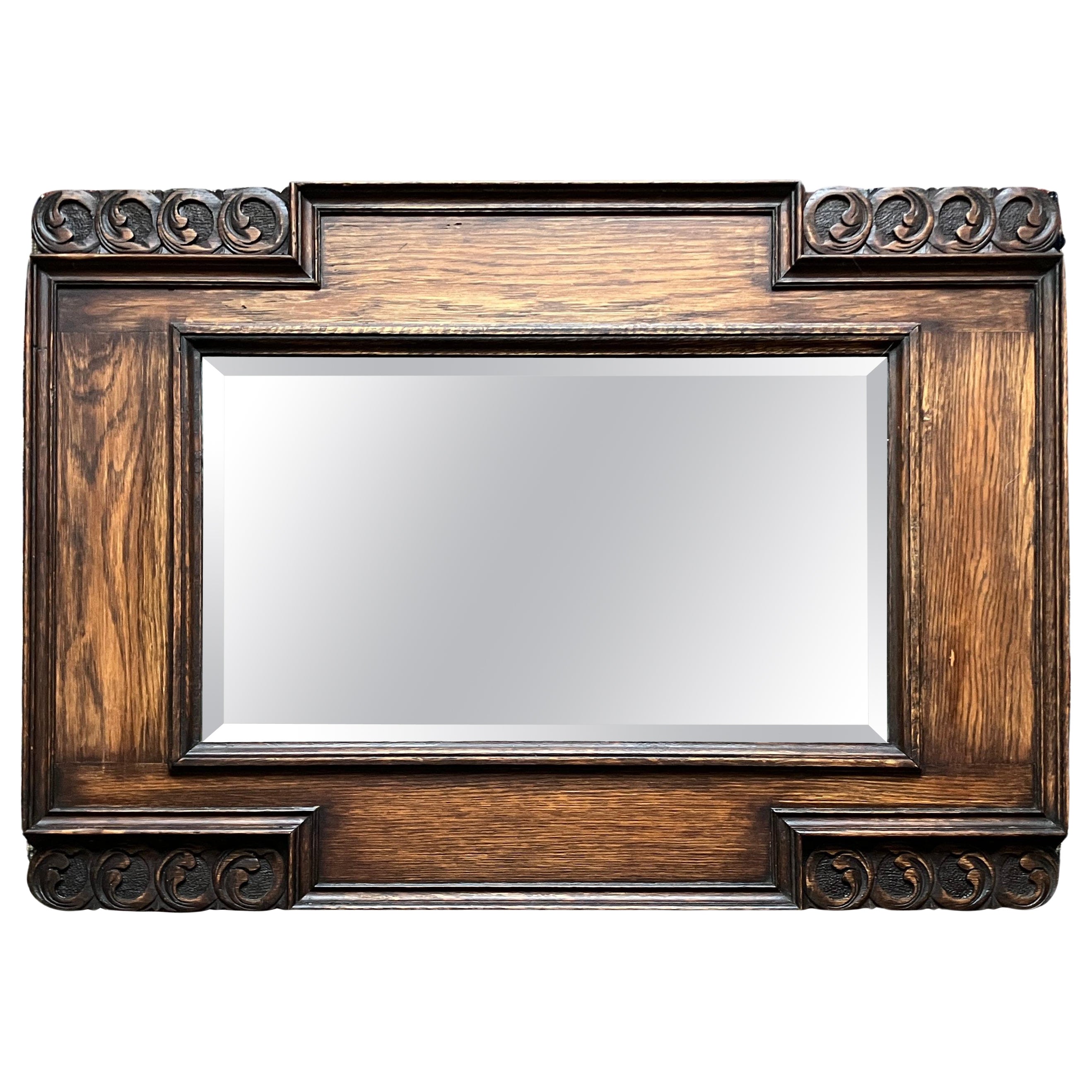 Large Decorative English Oak Framed Art & Crafts Mantel Mirror Late 19th Century For Sale