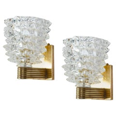 Pair of Barovier Art Deco Rostrato Brass Mounted Murano Glass Sconces 1940'