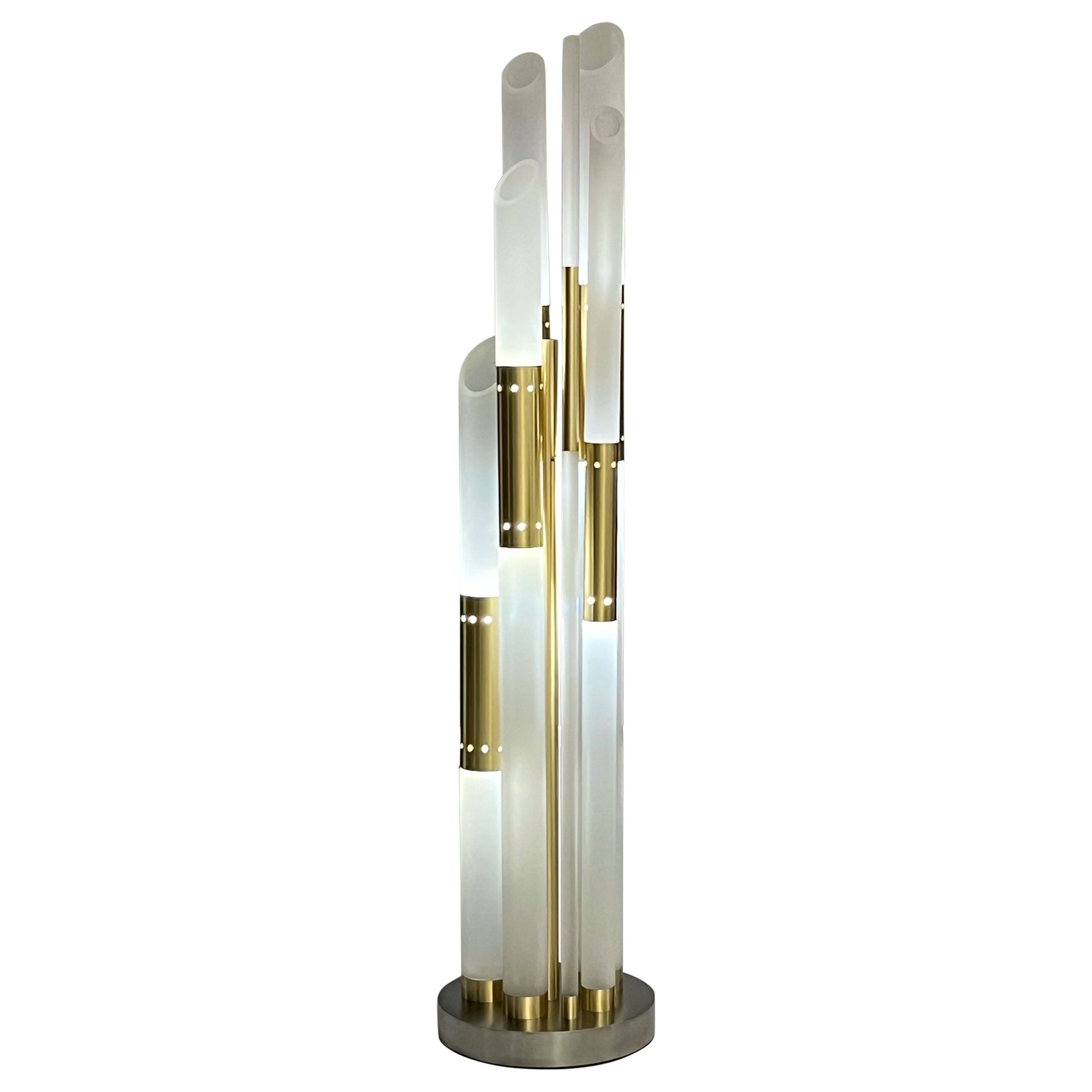 Romeo Rega Lucite Brass Stainless Steel Monumental Sculpture Floor Lamp For Sale