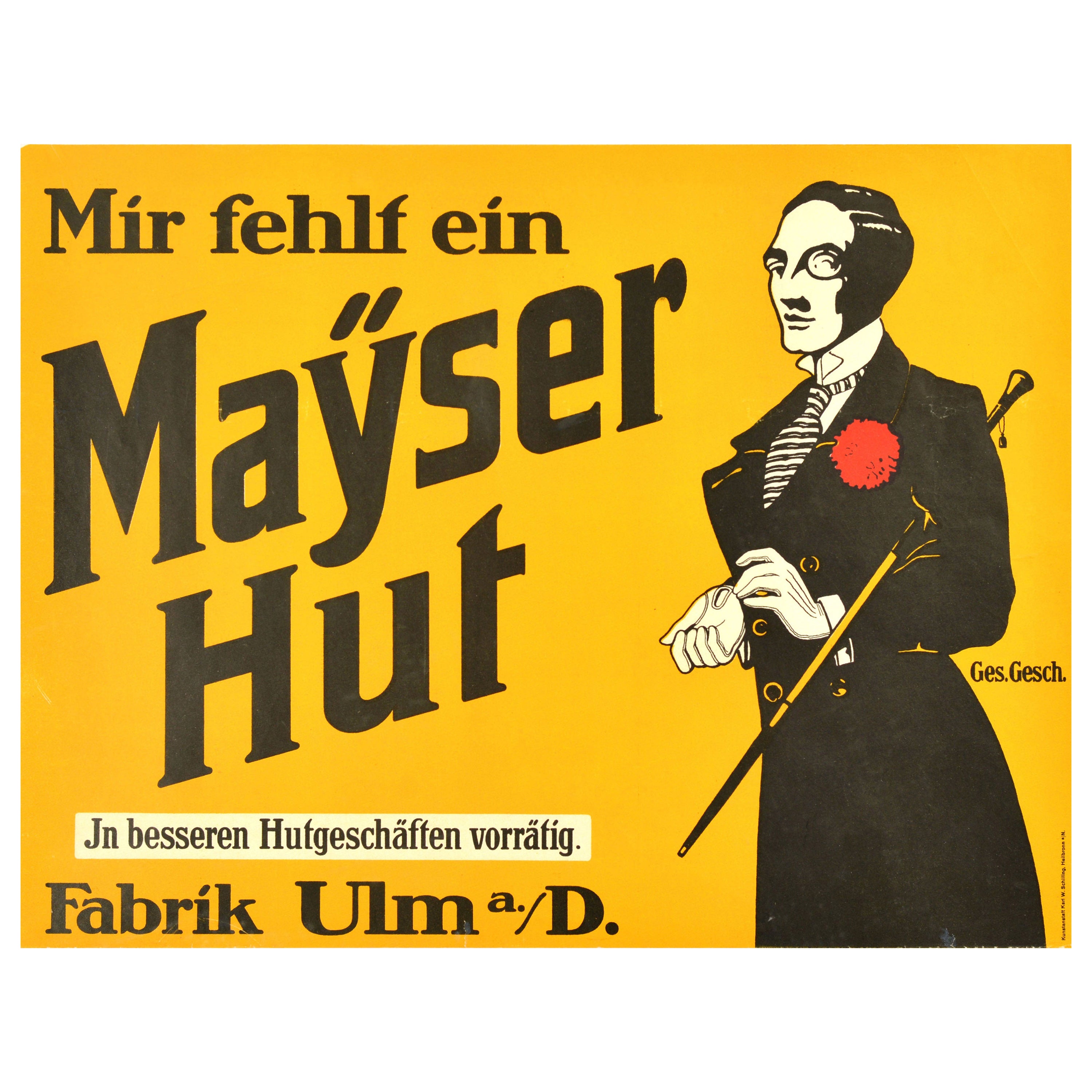 Original Antique Advertising Poster Mayser Hats Fashion Design Ulm Germany For Sale