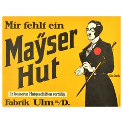 Affiche publicitaire d'origine ancienne Mayser Hats Fashion Design Ulm Allemagne