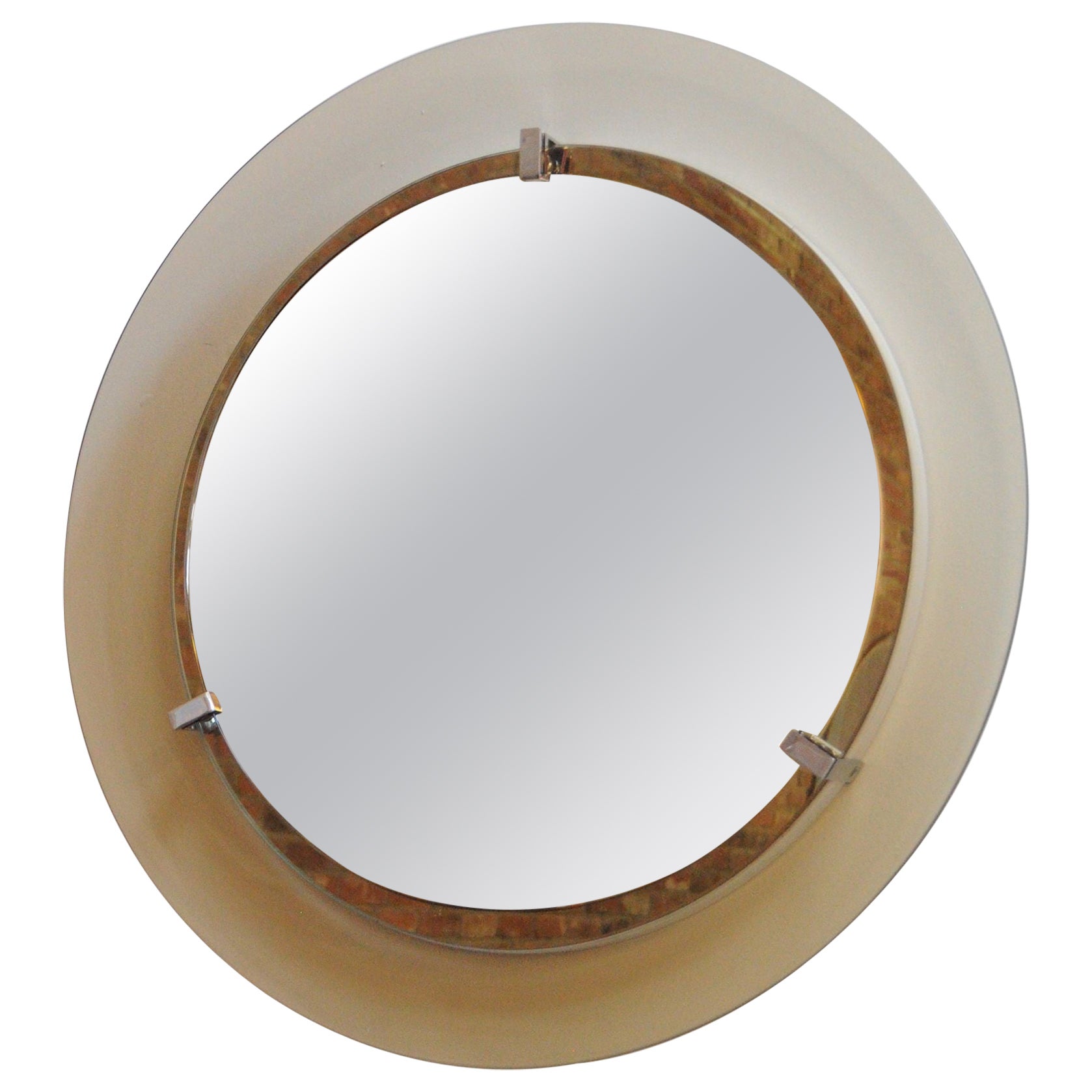 Italian Modernist Smoked Glass Circular Wall Mirror by Veca