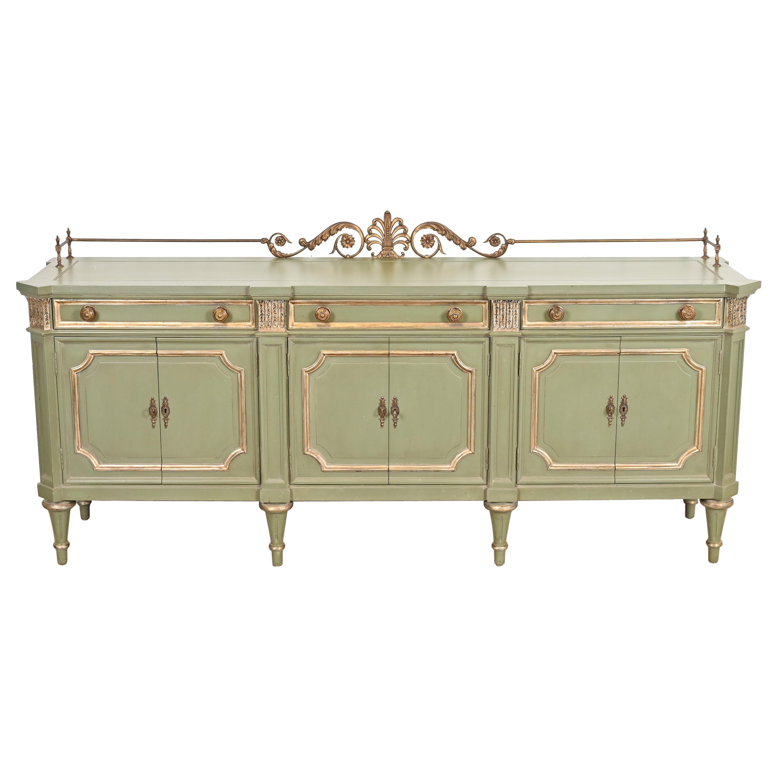 Karges French Regency Louis XVI Green Lacquer and Gold Gilt Sideboard, 1960s