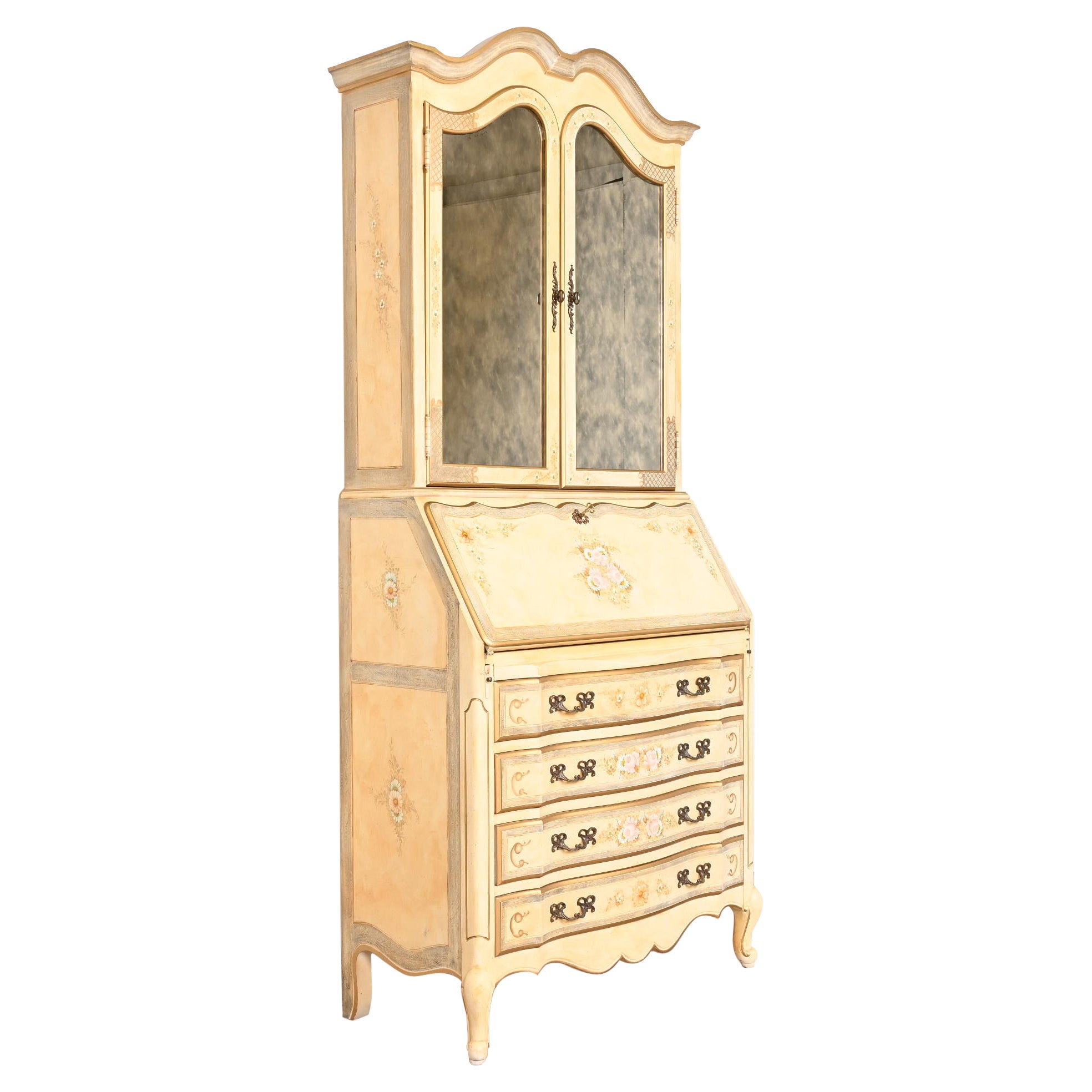 Maddox French Provincial Louis XV Painted Secretary Desk With Mirrored Bookcase For Sale