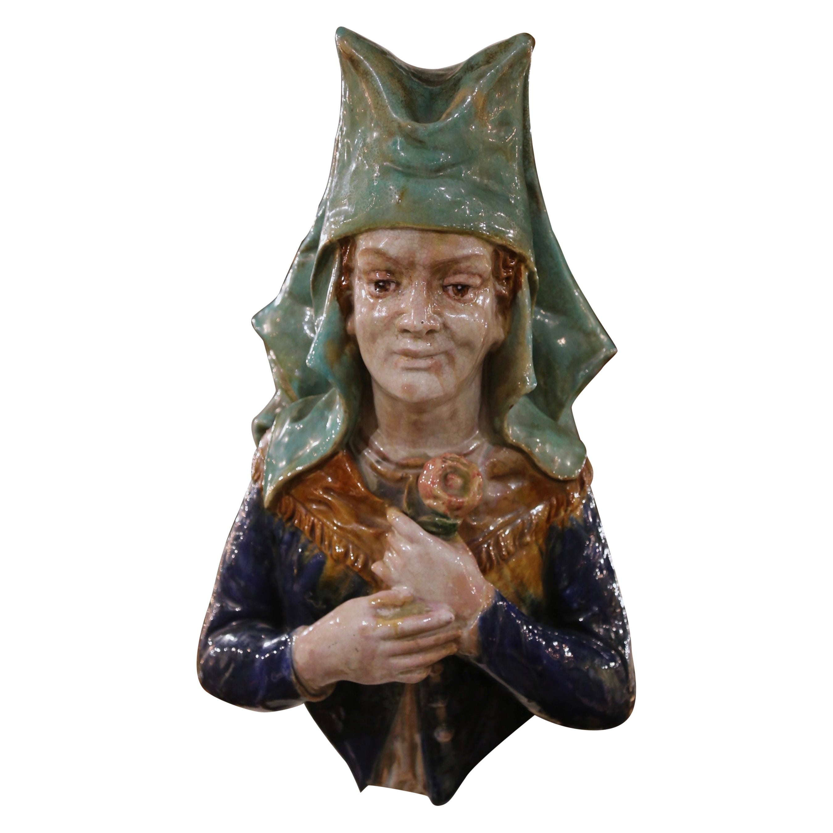 Buste de femme en terre cuite peint à la main et de style provincial français du 19e siècle