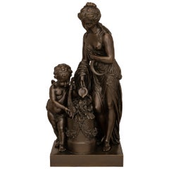 Antique French 19th Century Patinated Bronze Statue Of A Woman And Child Signed Stella