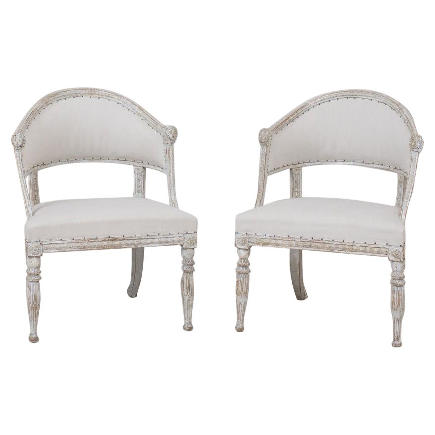 19th c. Pair of Swedish Gustavian Painted Barrel Back Armchairs with Lion Heads For Sale
