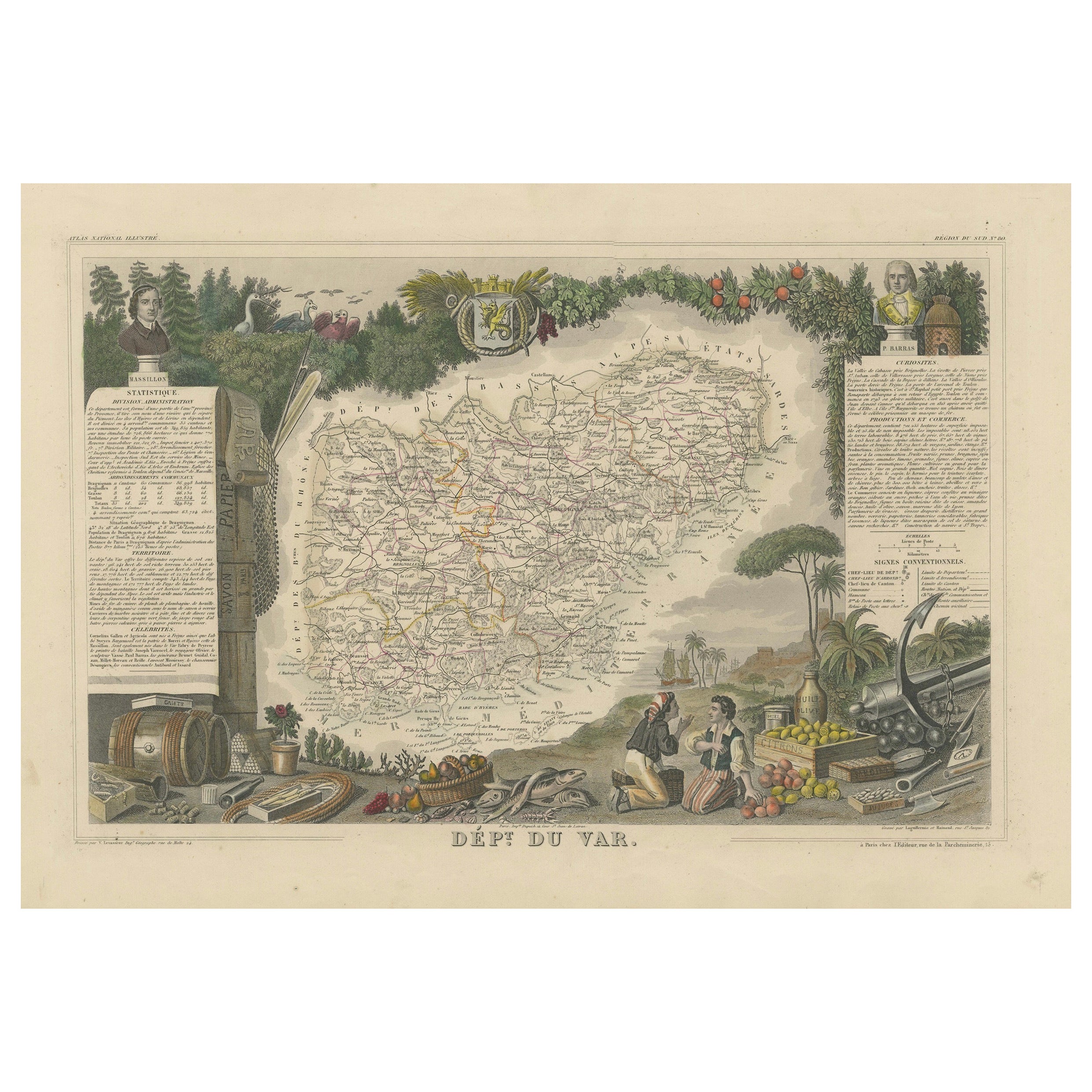 The Illustrated Map of the Var Department from the Atlas National Illustré, 1856 For Sale