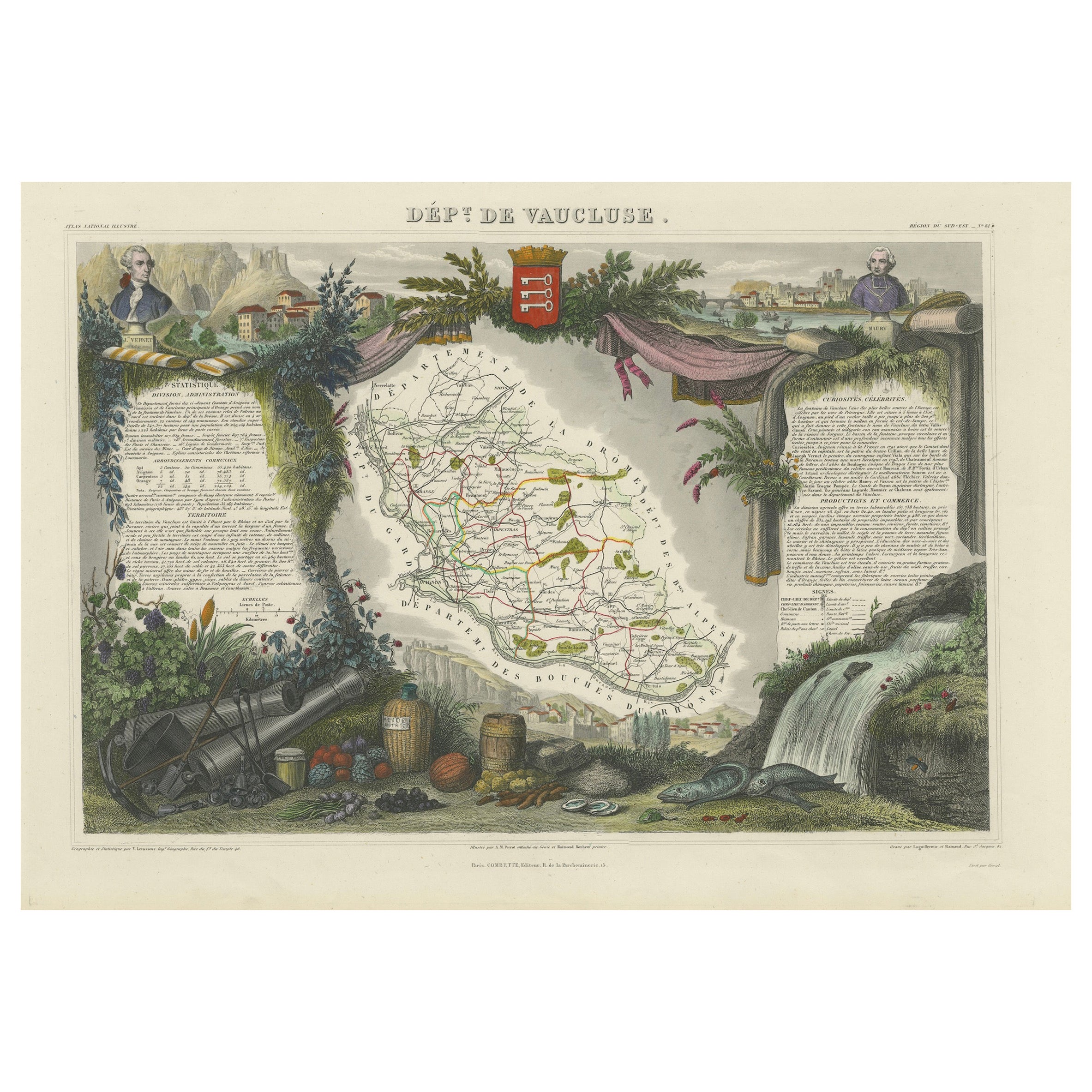 Old Map of Vaucluse, France : A Cartographic Celebration of Viticulture, 1852 en vente