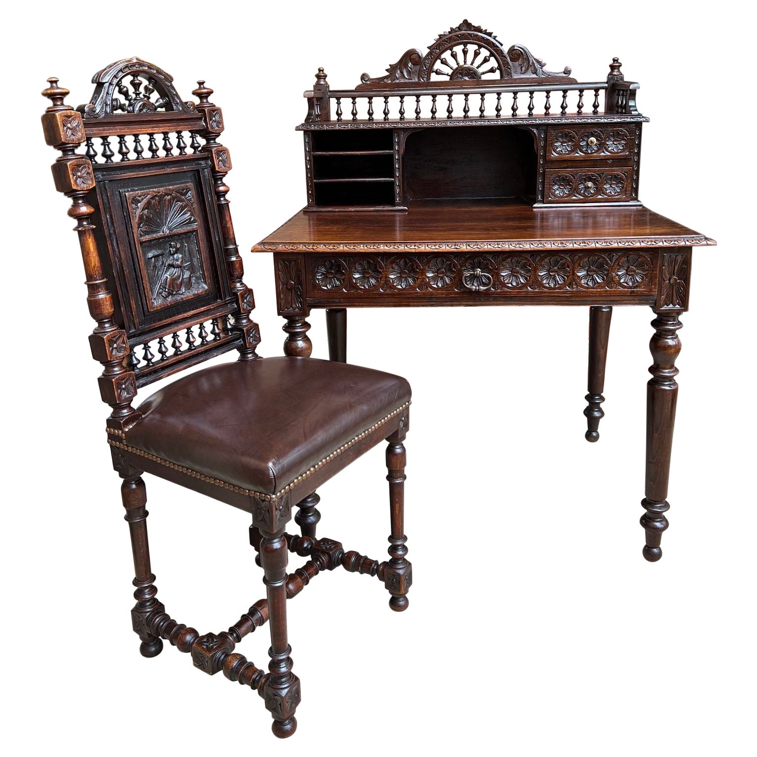 Antique French Carved Oak Writing Desk Secretary AND Chair Breton Brittany SET For Sale