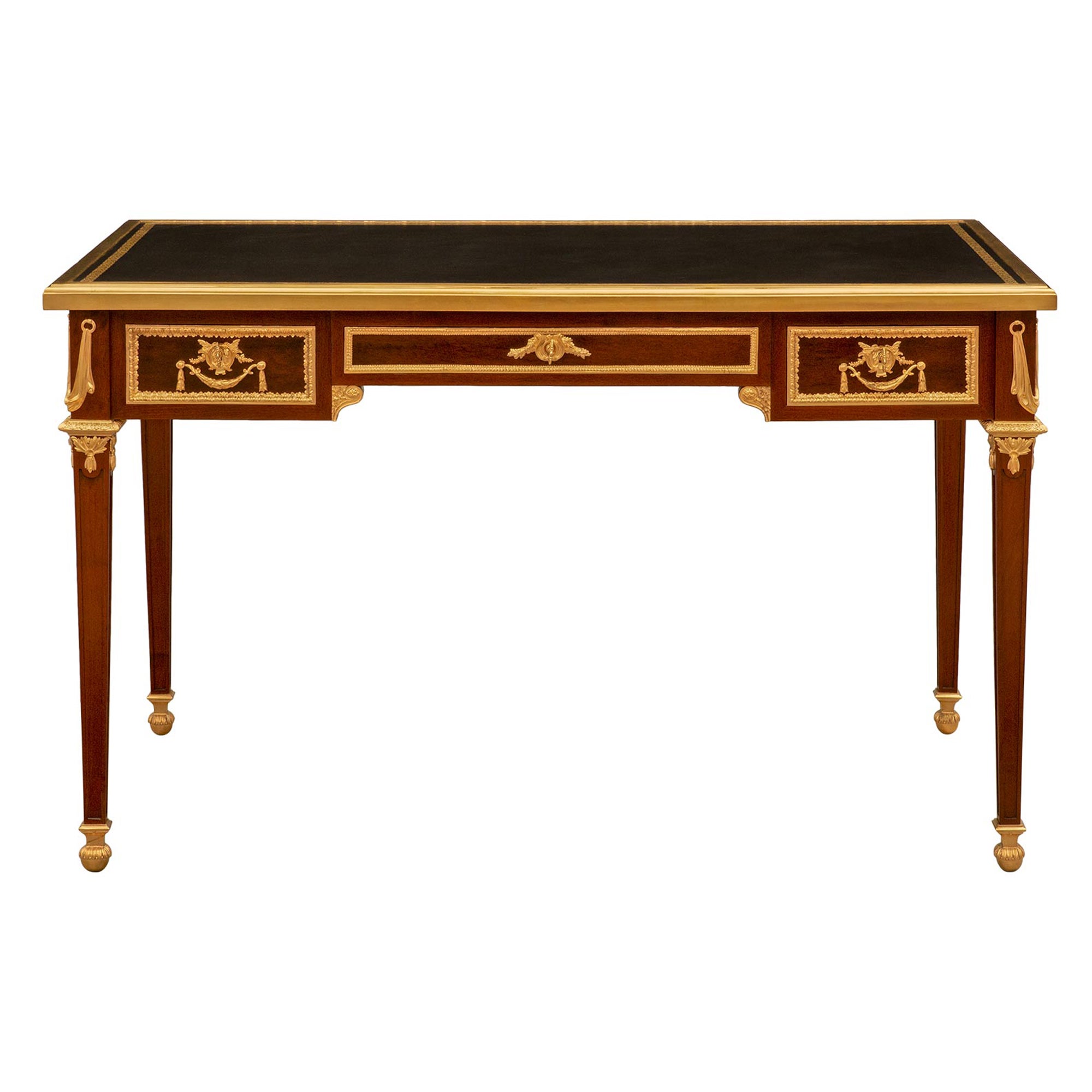 French 19th Century Louis XVI St. Mahogany, Ormolu Desk, Signed Linke For Sale