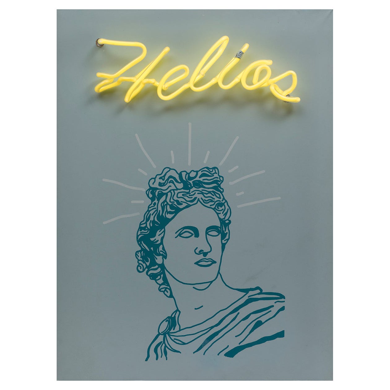 Helios, 2019  Paloma Castello 
From the series Neon Classics
Screen printing with neon lights
Dimensions: 24 H in x 18.1 W x 5.9 D in. 
Edition 7/10

In her work She likes to bring life to objects or icons from the past, intervening in them a bit,