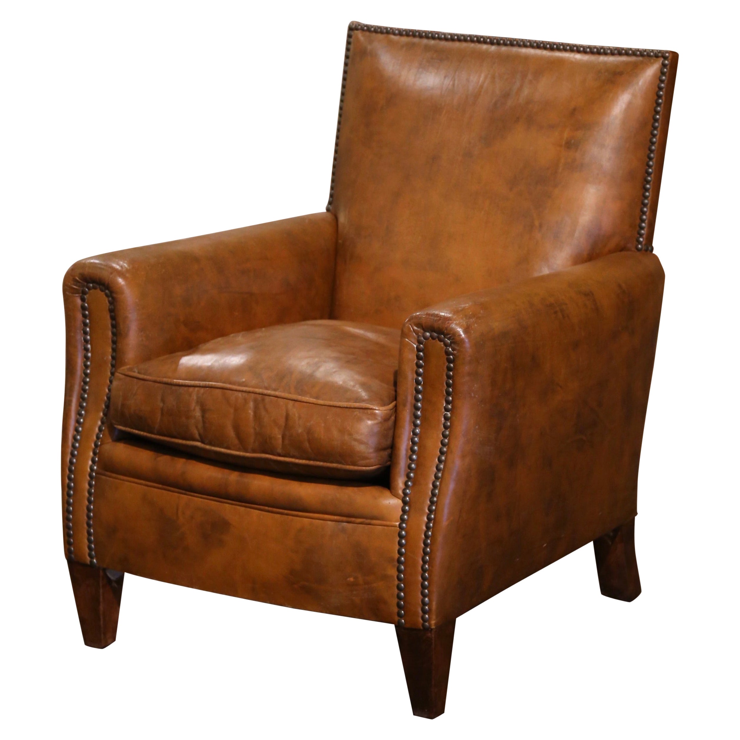 Early 20th Century French Art Deco Club Armchair with Original Brown Leather For Sale