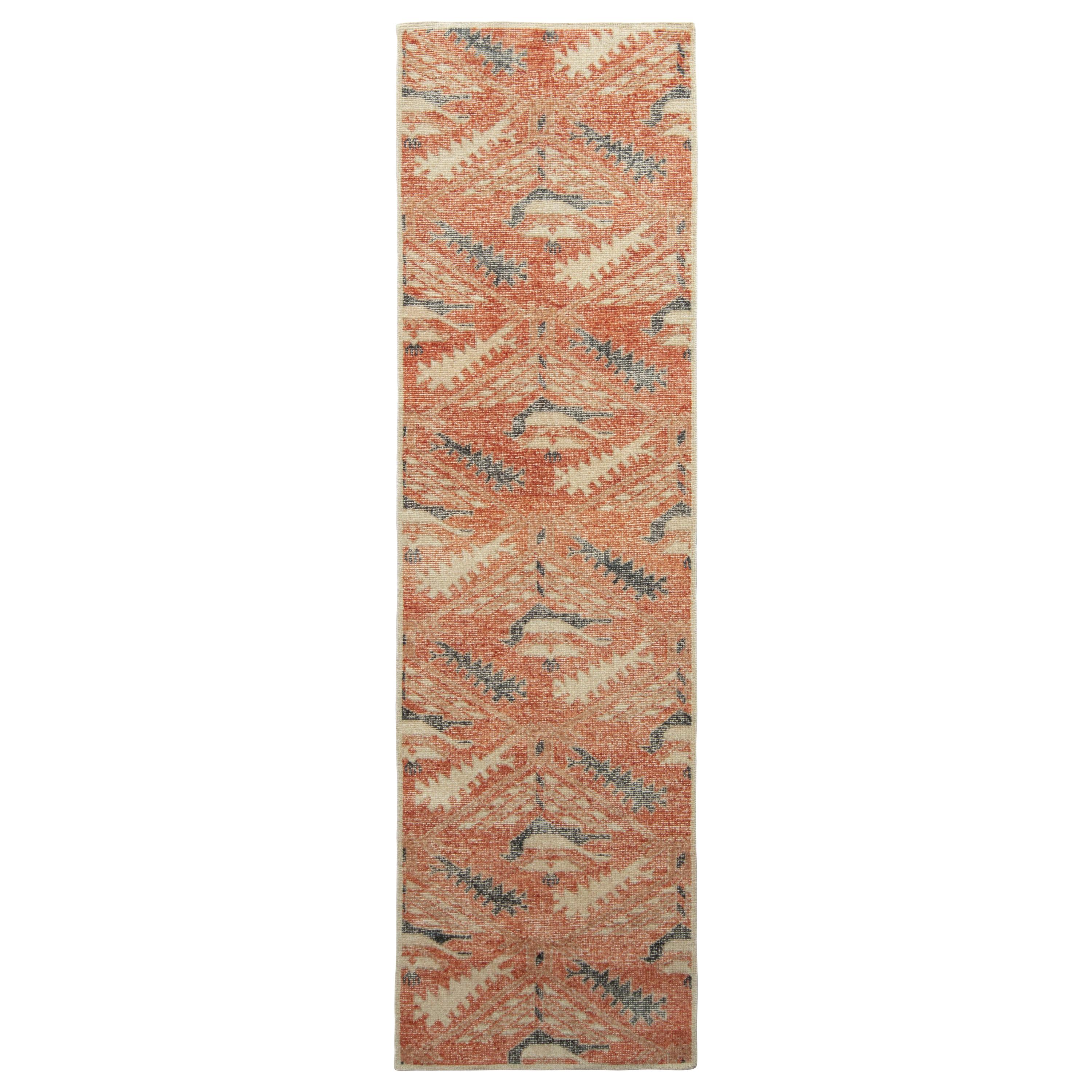 Rug & Kilim’s Distressed Style Runner in Orange-Red, Blue Geometric Pattern For Sale